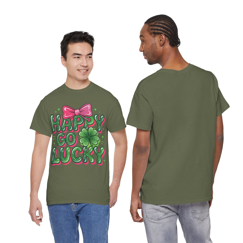 Happy Go Lucky Four-Leaf Clover Tee — Glossy Green Letters & Pink Bow Unisex Cotton Tee