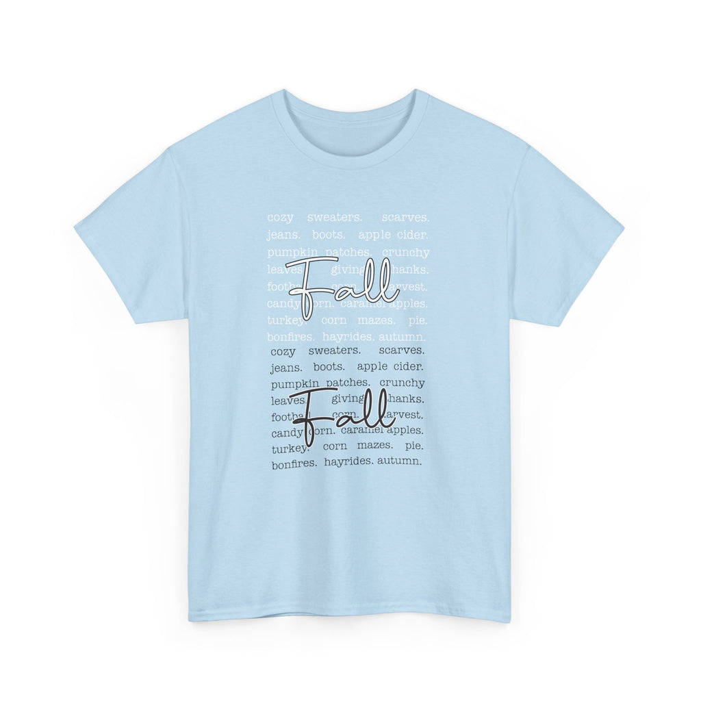 Fall Cursive Typography T-Shirt — Sweaters, Cider & Pumpkins. Unisex Cotton Tee