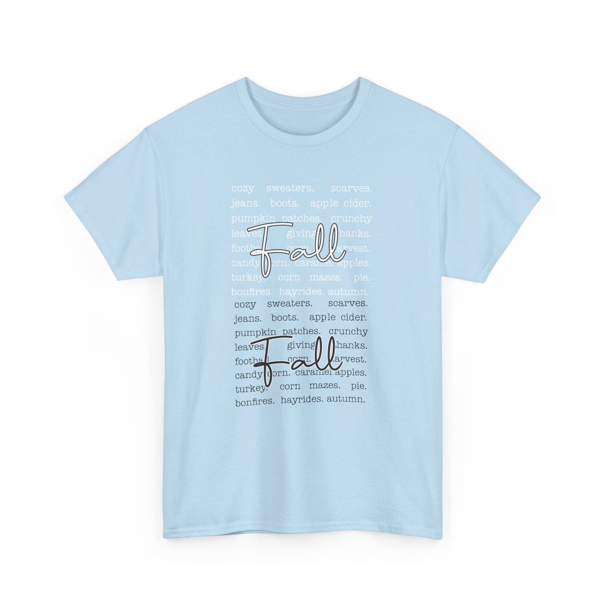 Fall Cursive Typography T-Shirt — Sweaters, Cider & Pumpkins. Unisex Cotton Tee