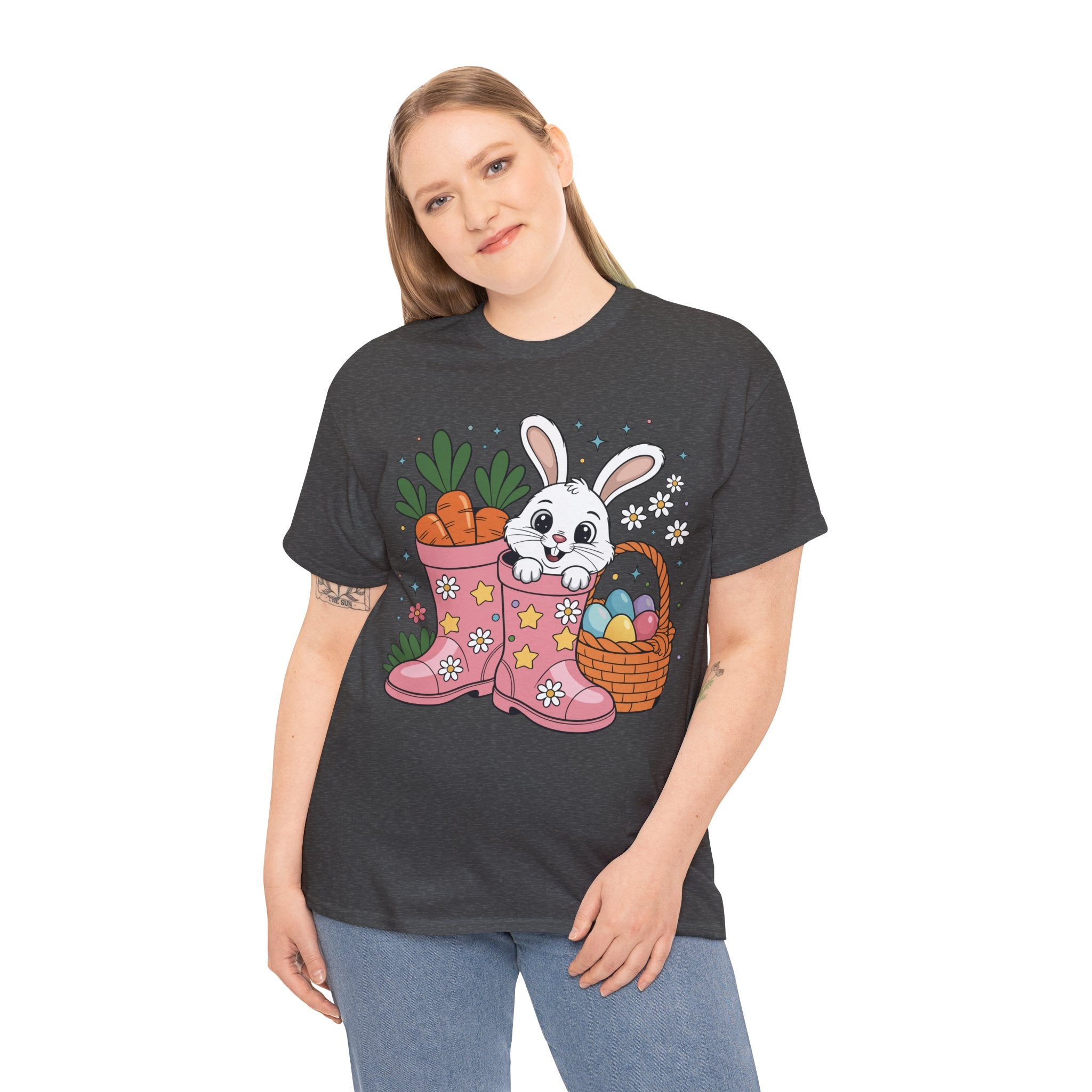 Easter Bunny in Pink Rain Boots T-Shirt — Cartoon Bunny, Carrots & Colorful Eggs Unisex Cotton Tee