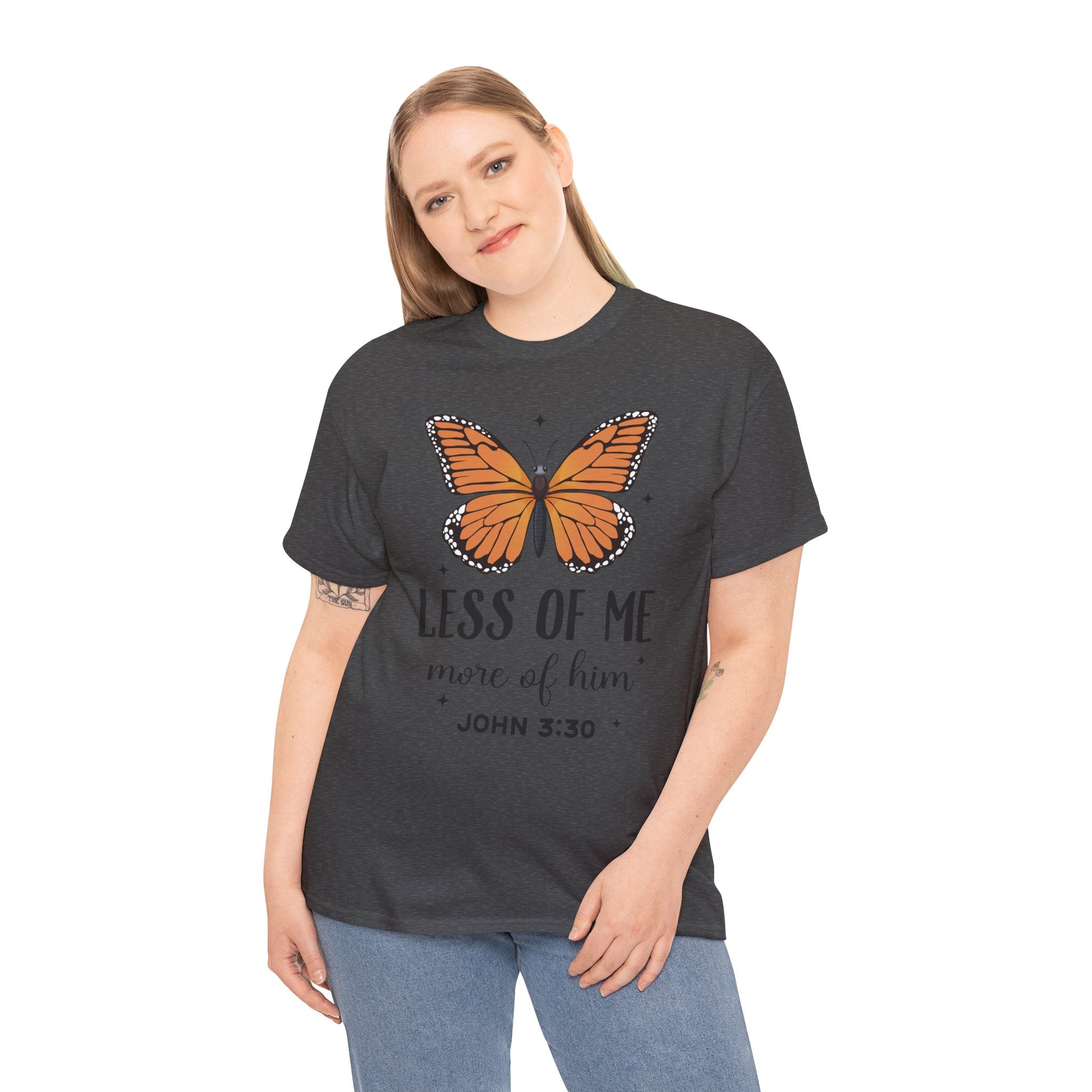 Monarch Butterfly Tee — "Less of Me, More of Him" Christian Unisex cotton T‑Shirt