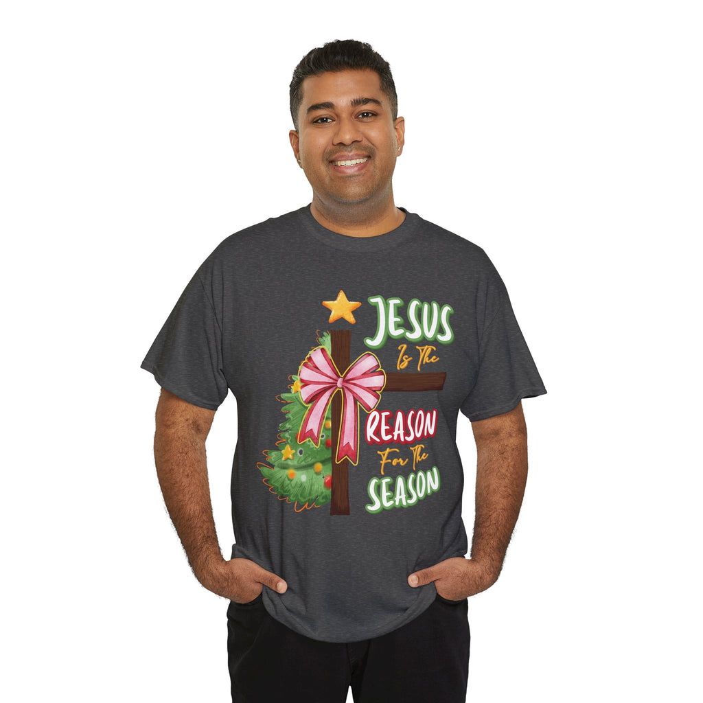 Jesus Is the Reason for the Season Christmas Tee — Cross with Pink Bow & Tree. Unisex Cotton Tee