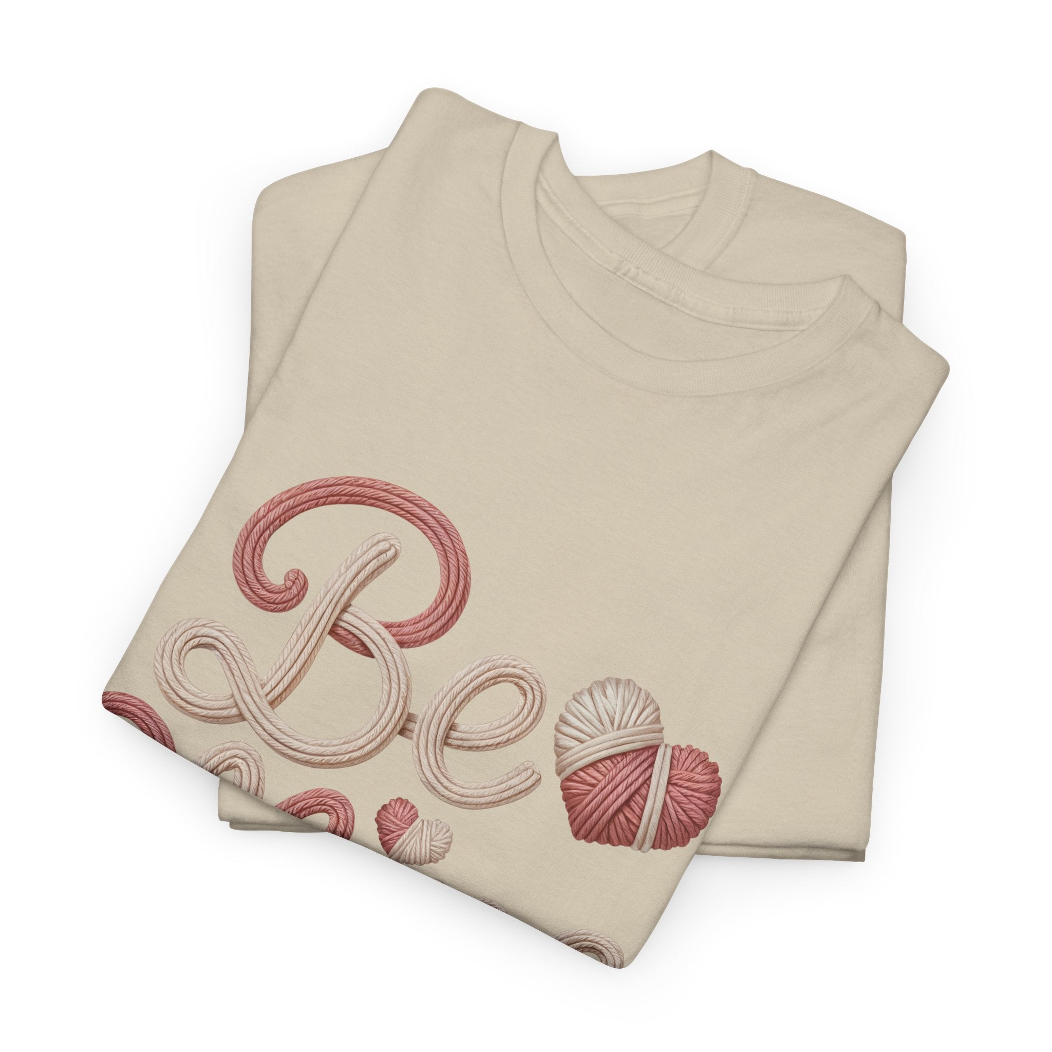 Be Mine Yarn Heart T-Shirt — Valentine’s Faux-Yarn Pink & Cream Unisex Cotton Tee