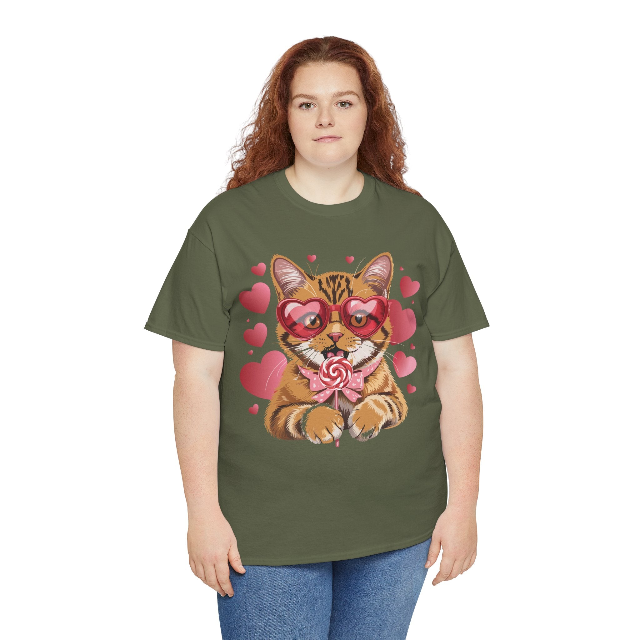 Valentine Cat Tee — Heart Glasses, Lollipop Bow Unisex Cotton Tee