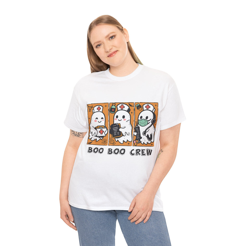 Halloween Nurse T-Shirt — Ghost Nurses Holding Medical Tools on Orange Unisec Cotton Tee