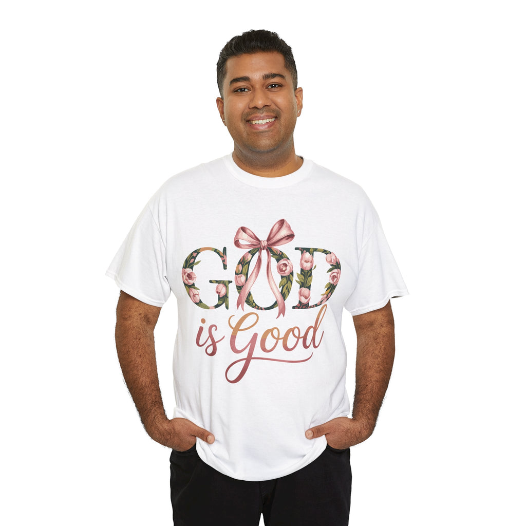 God Is Good Pink Rose Tee — Floral Ribbon Faith Unisex Cotton T-Shirt