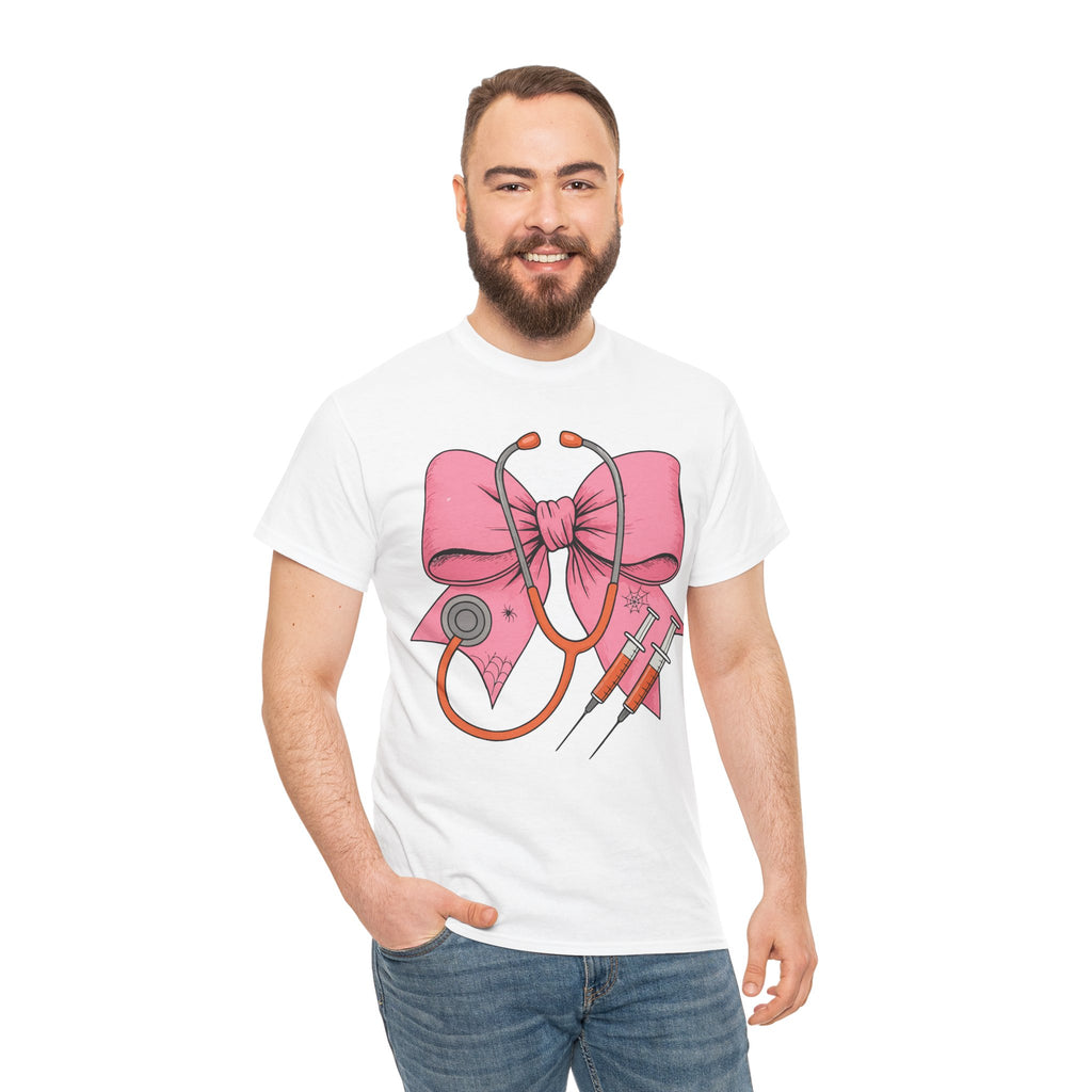 Halloween Nurse T‑Shirt — Pink Nurse Bow with Stethoscope, Syringes & Spider Webs..Unisex Cotton Tee