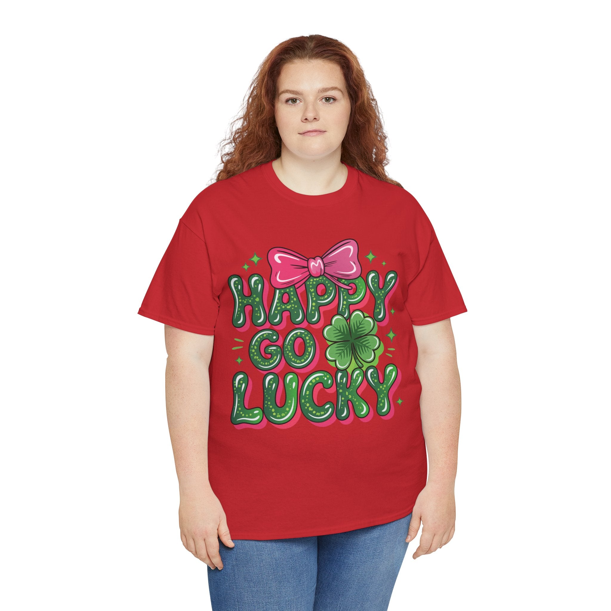 Happy Go Lucky Four-Leaf Clover Tee — Glossy Green Letters & Pink Bow Unisex Cotton Tee