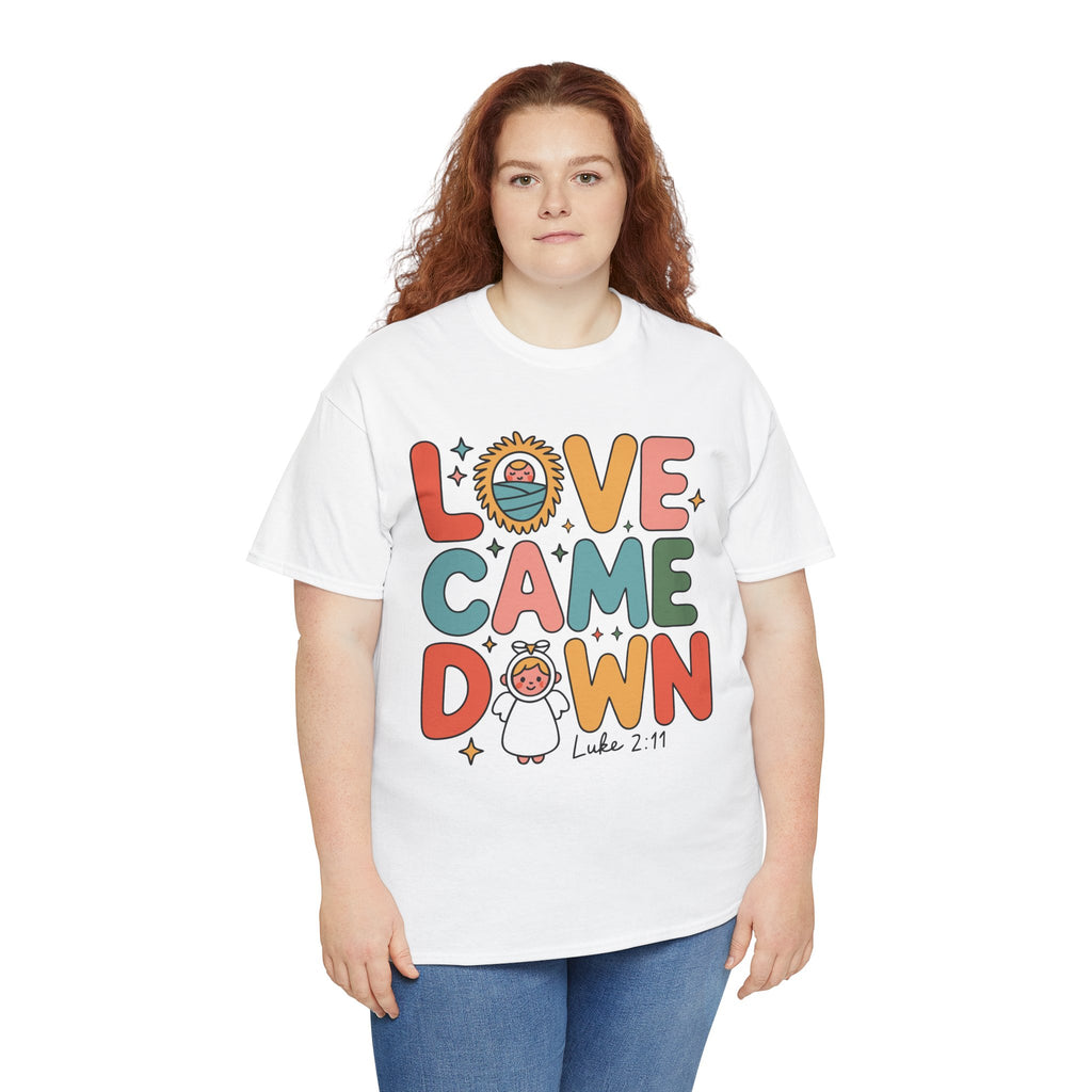 Love Came Down Christmas Tee — Baby Jesus Manger Angel (Luke 2:11)..Unisex Cotton Tee