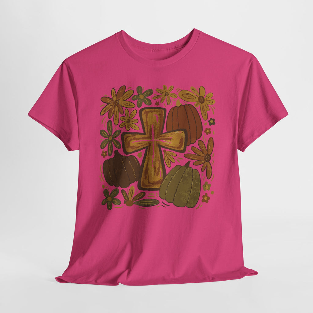 Autumn Cross Tee — Rustic Pumpkin & Fall Floral Christian Unisaex Cotton T-Shirt