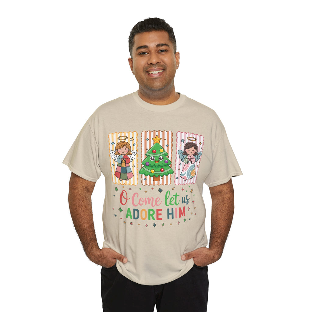 O Come Let Us Adore Him Christmas Tee — Smiling Angels & Happy Tree..Unisex Cotton Tee