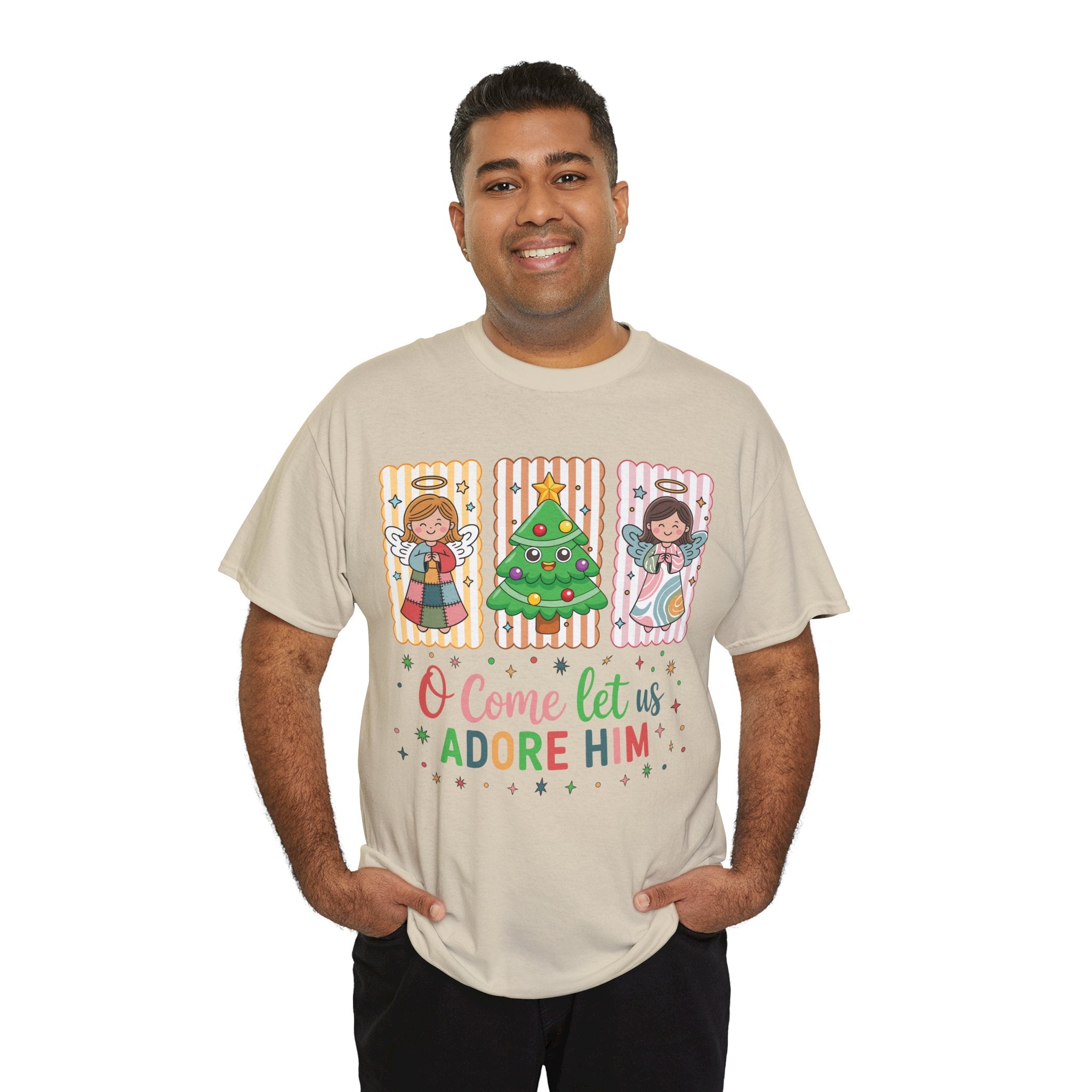 O Come Let Us Adore Him Christmas Tee — Smiling Angels & Happy Tree..Unisex Cotton Tee
