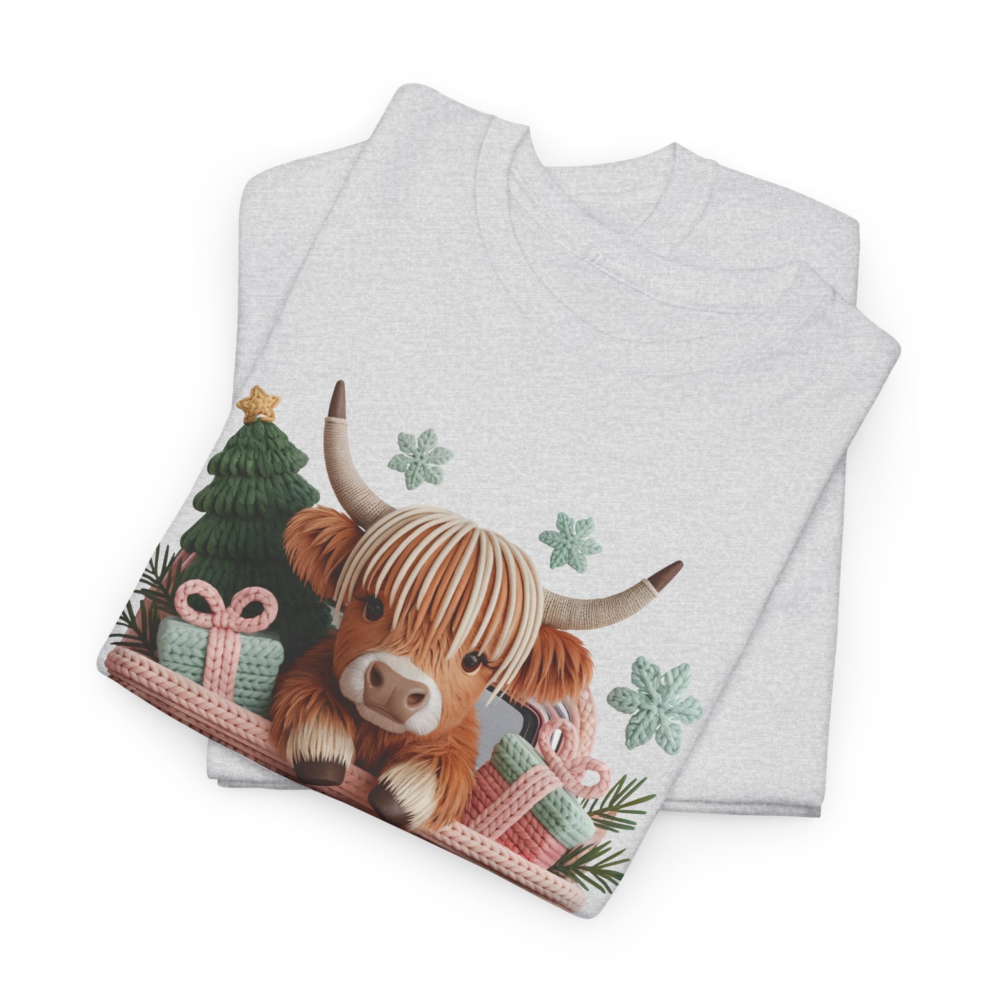 Merry Christmas Highland Cow Knit Truck Unisex Cotton T-Shirt