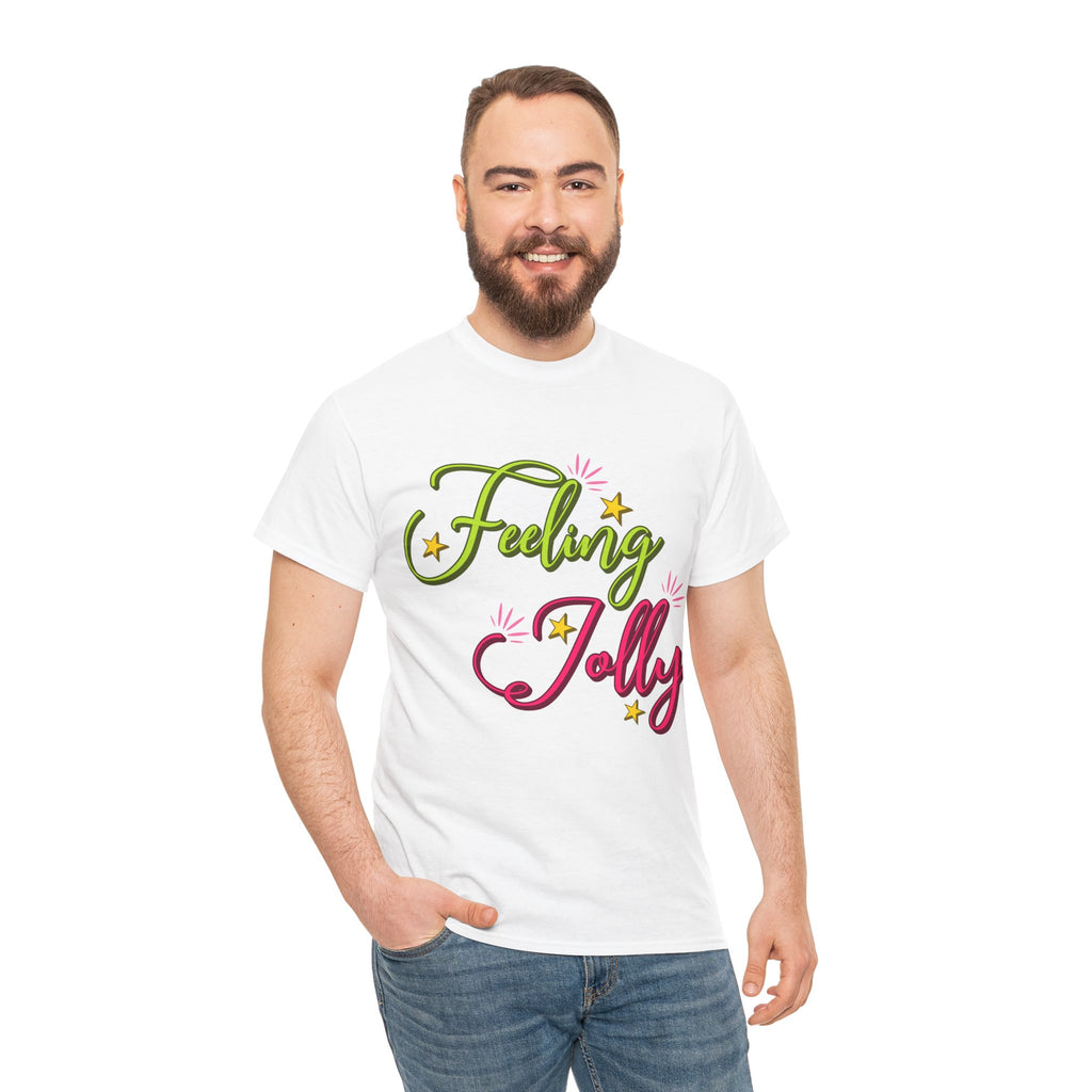 Feeling Jolly Tee — Festive Green & Pink Script with Yellow Stars Unisex Cotton Tee