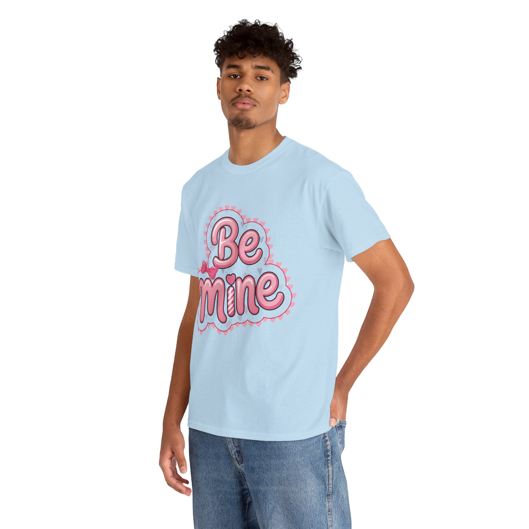 Be Mine Valentine T-Shirt — Pink Bubble Letters with Hearts & Bow..Unisex Cotton Tee