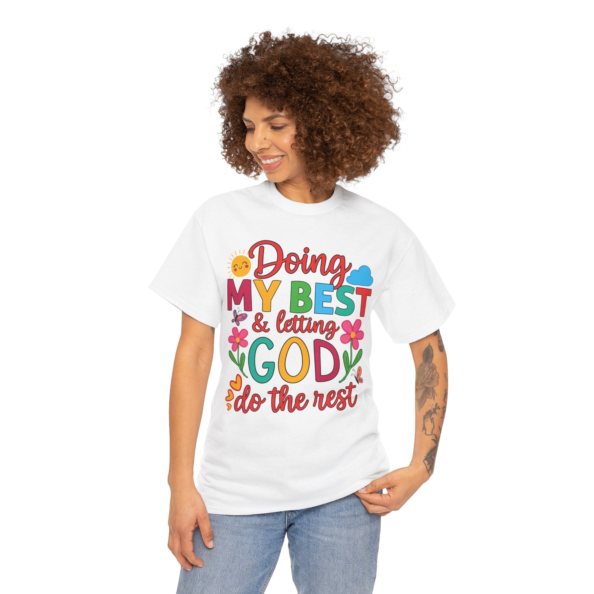 Doing My Best & Letting God Do The Rest T-Shirt — Floral Sun & Butterflies Inspirational Unisex Cotton Tee