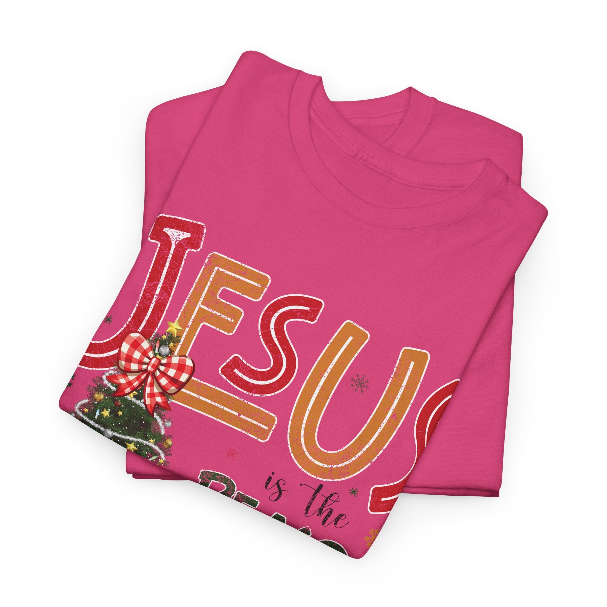 Jesus Is the Reason for the Season Christmas T-Shirt — Plaid Bow Tree..Unisex Cotton Tee
