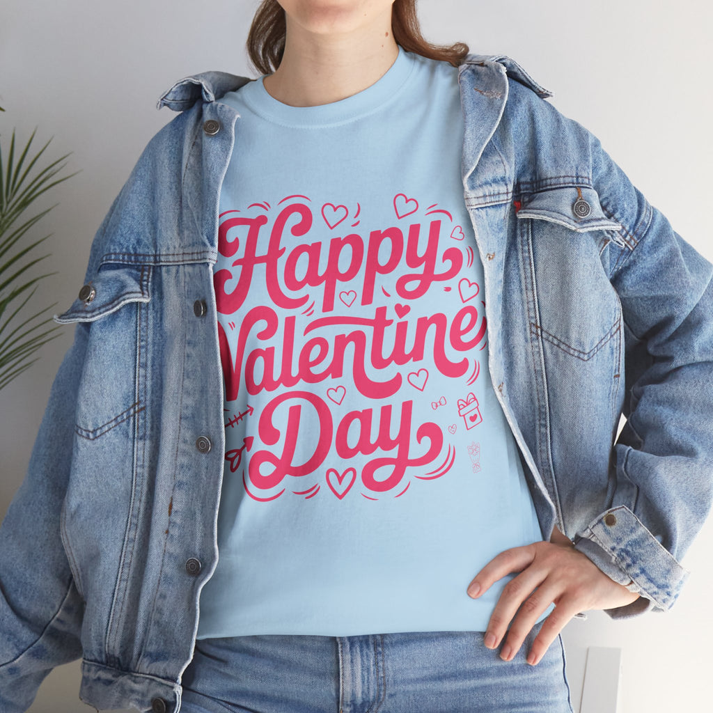 Happy Valentine Day Tee — Pink Heart & Love Icons Valentine's Unisex Cotton Shirt