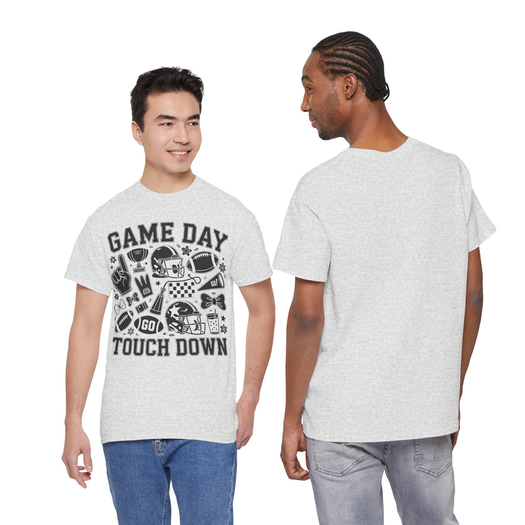 Game Day Touch Down Football T‑Shirt — Helmet & Cheer Monochrome Design Unisex Cotton Tee