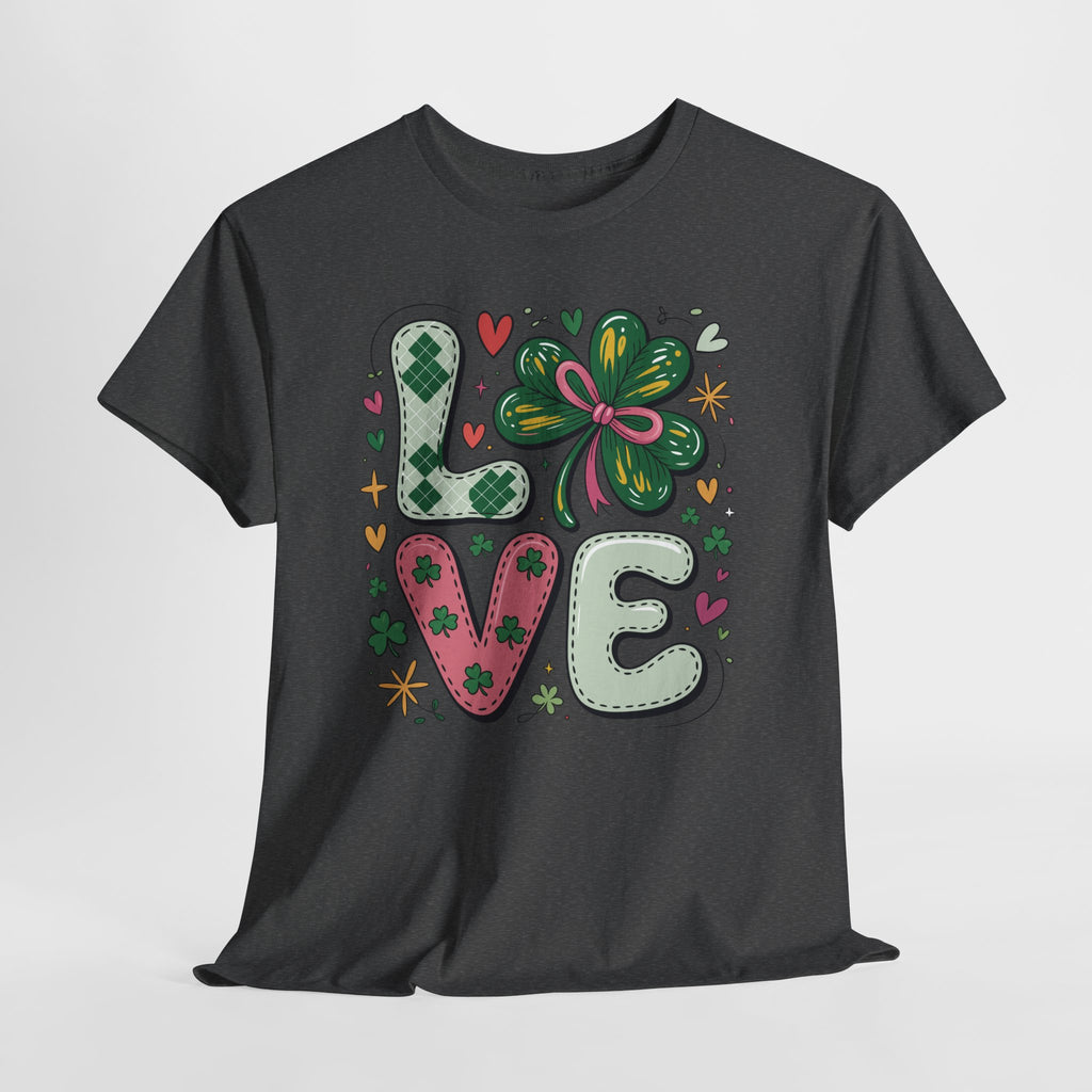 Stitched Clover 'LOVE' Tee — Heart & Patchwork St. Patrick's Unisex Cotton T-Shirt