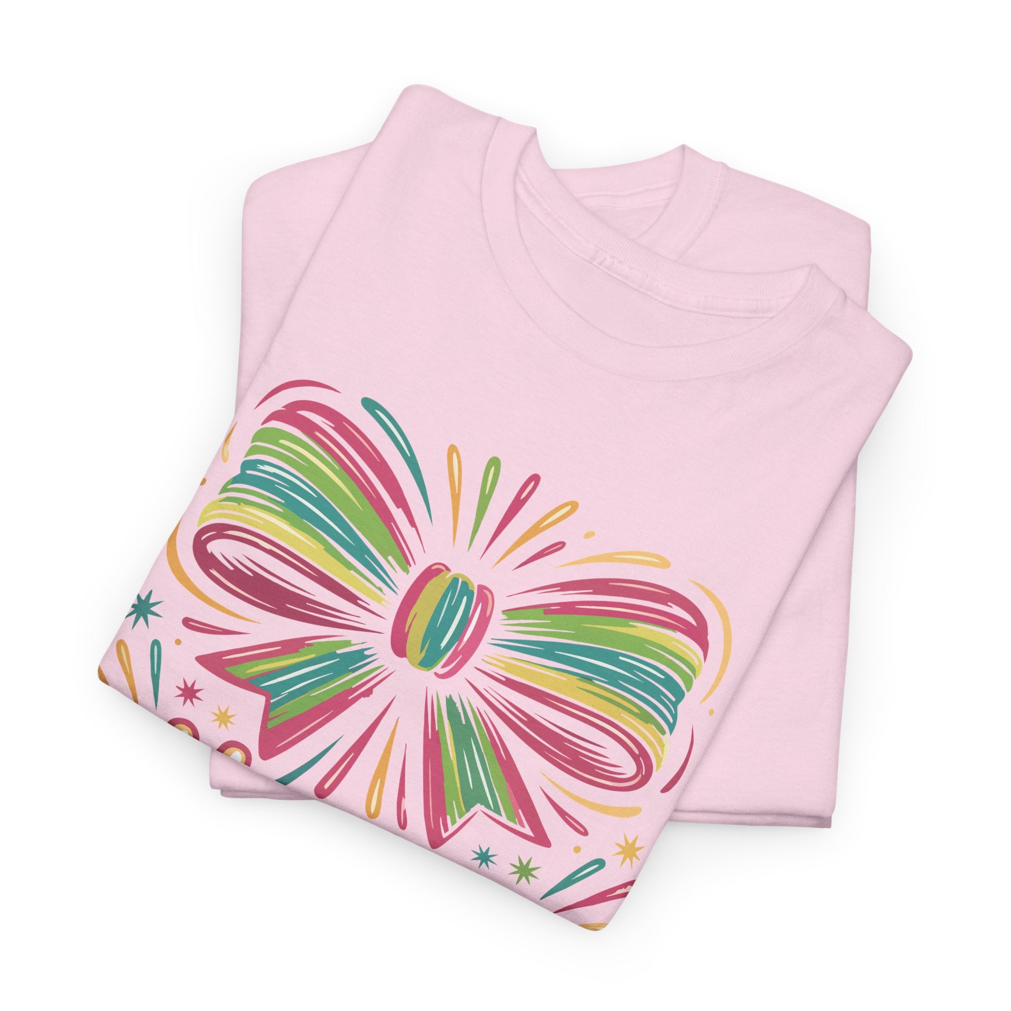 Happy New Year Pastel Tee — Rainbow Bow & Fireworks Celebration Unisex Cotton Tshirt