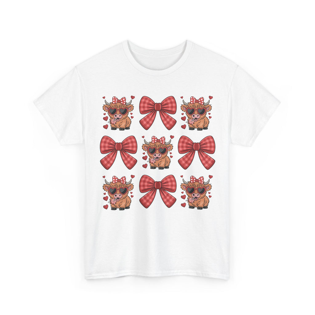 Valentine Cow Checkered Tee — Fluffy Cows with Heart Sunglasses & Red Bows..Unisex Cotton Tee