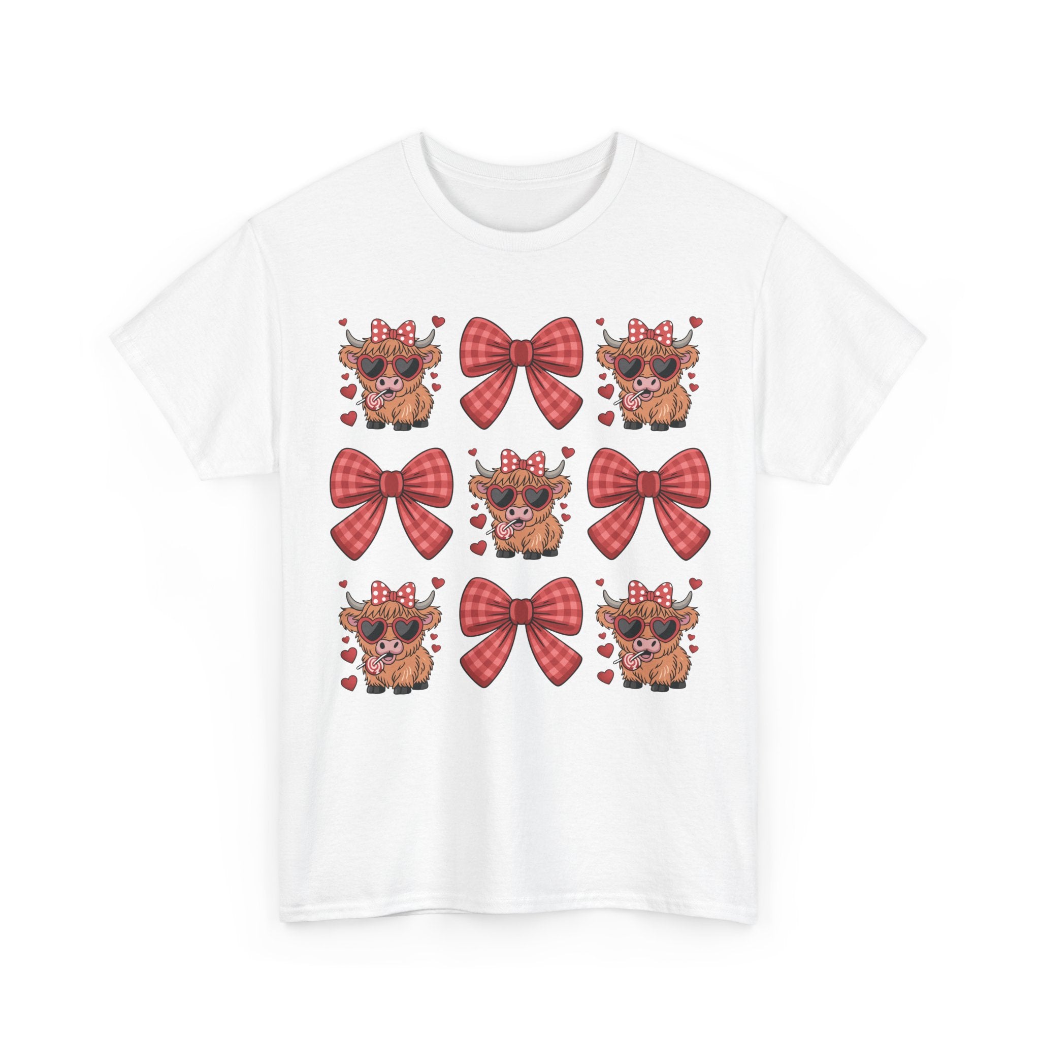 Valentine Cow Checkered Tee — Fluffy Cows with Heart Sunglasses & Red Bows..Unisex Cotton Tee