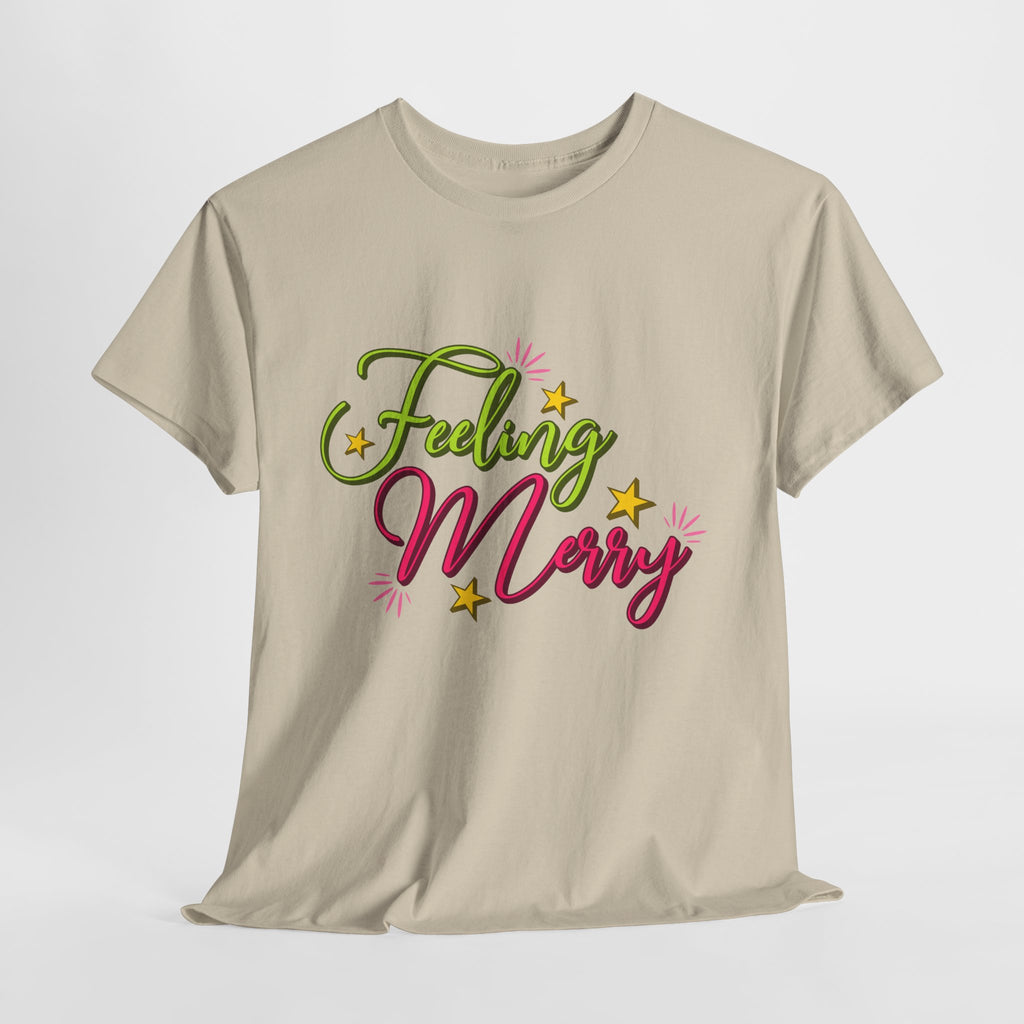 Feeling Merry T-Shirt — Bright Green & Pink Holiday Tee with Stars.Unisex Cotton Tee