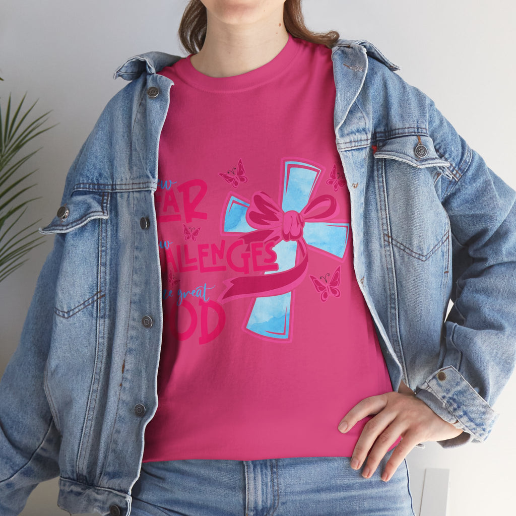 Christian T-Shirt — “New Year, New Challenges, Same Great God” with Pink Bow Cross & Butterflies. Unisex Cotton Tee