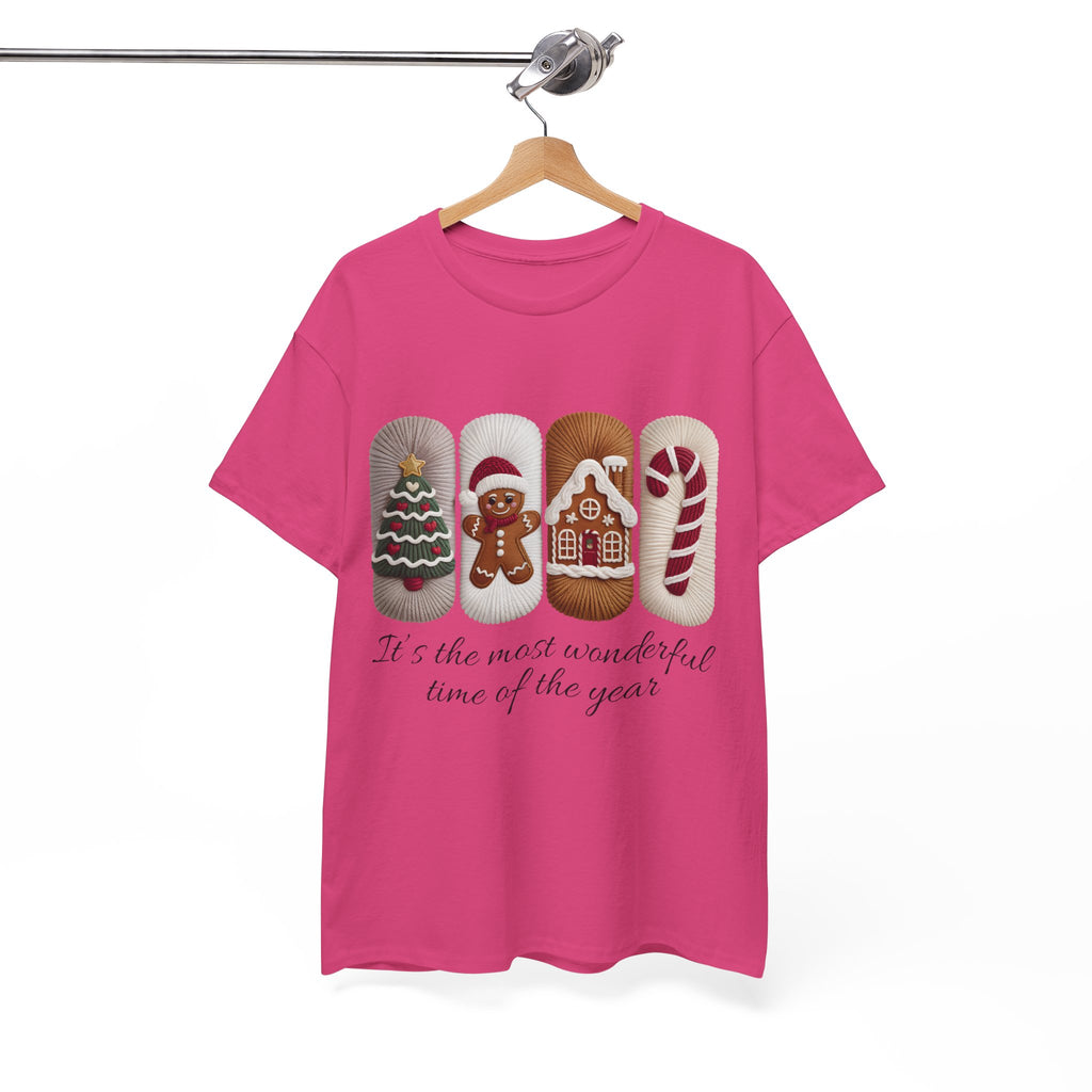 Christmas Faux-Yarn Tree Tee — Gingerbread House & Candy Cane Holiday Unisex Cotton T-Shirt
