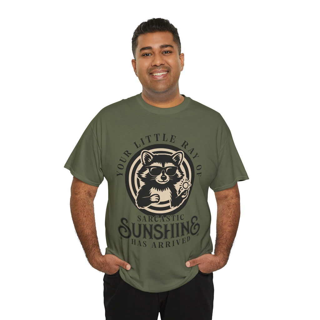 Cool Raccoon Sunglasses T-Shirt — Raccoon Holding Sun Graphic Unisex Cotton Tee