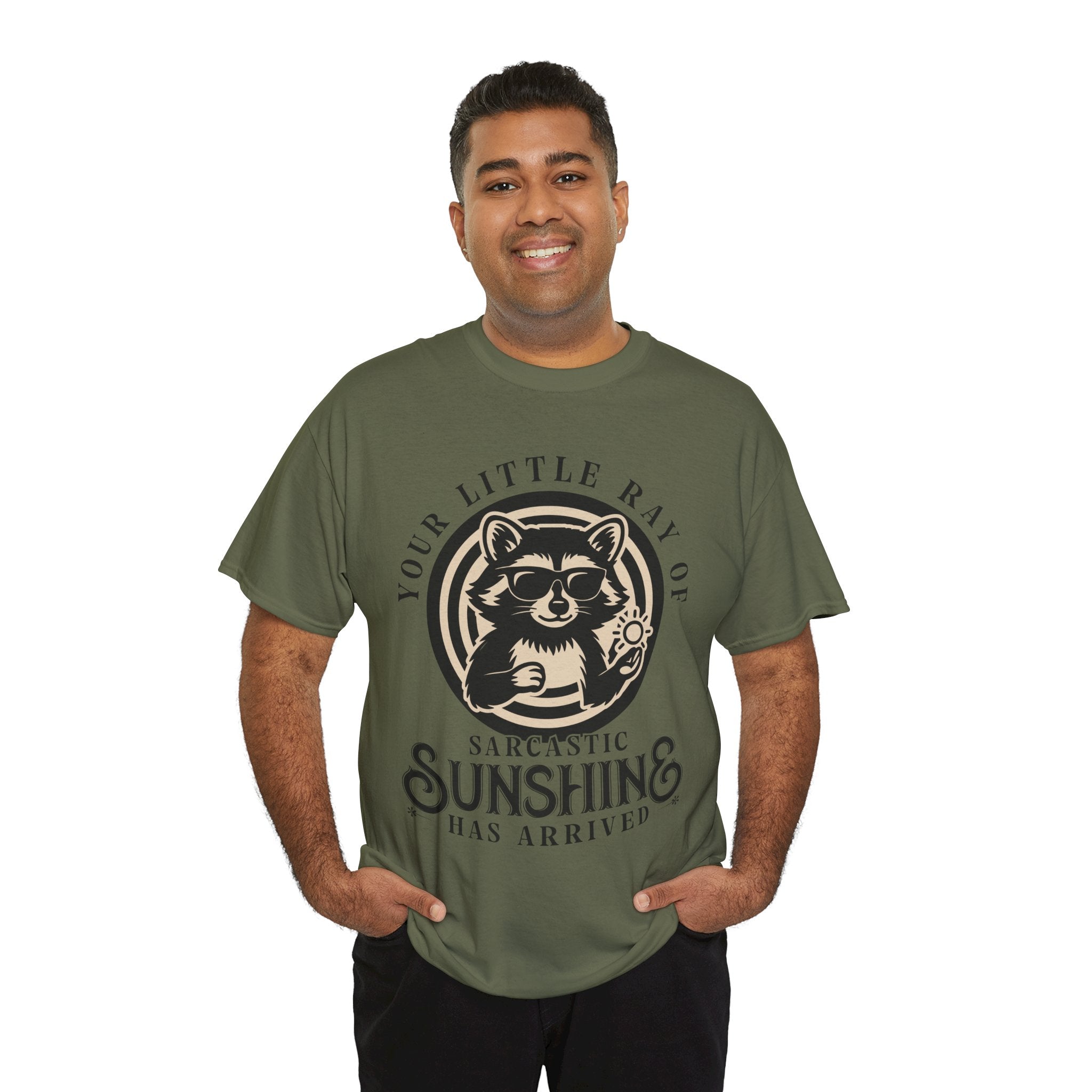 Cool Raccoon Sunglasses T-Shirt — Raccoon Holding Sun Graphic Unisex Cotton Tee