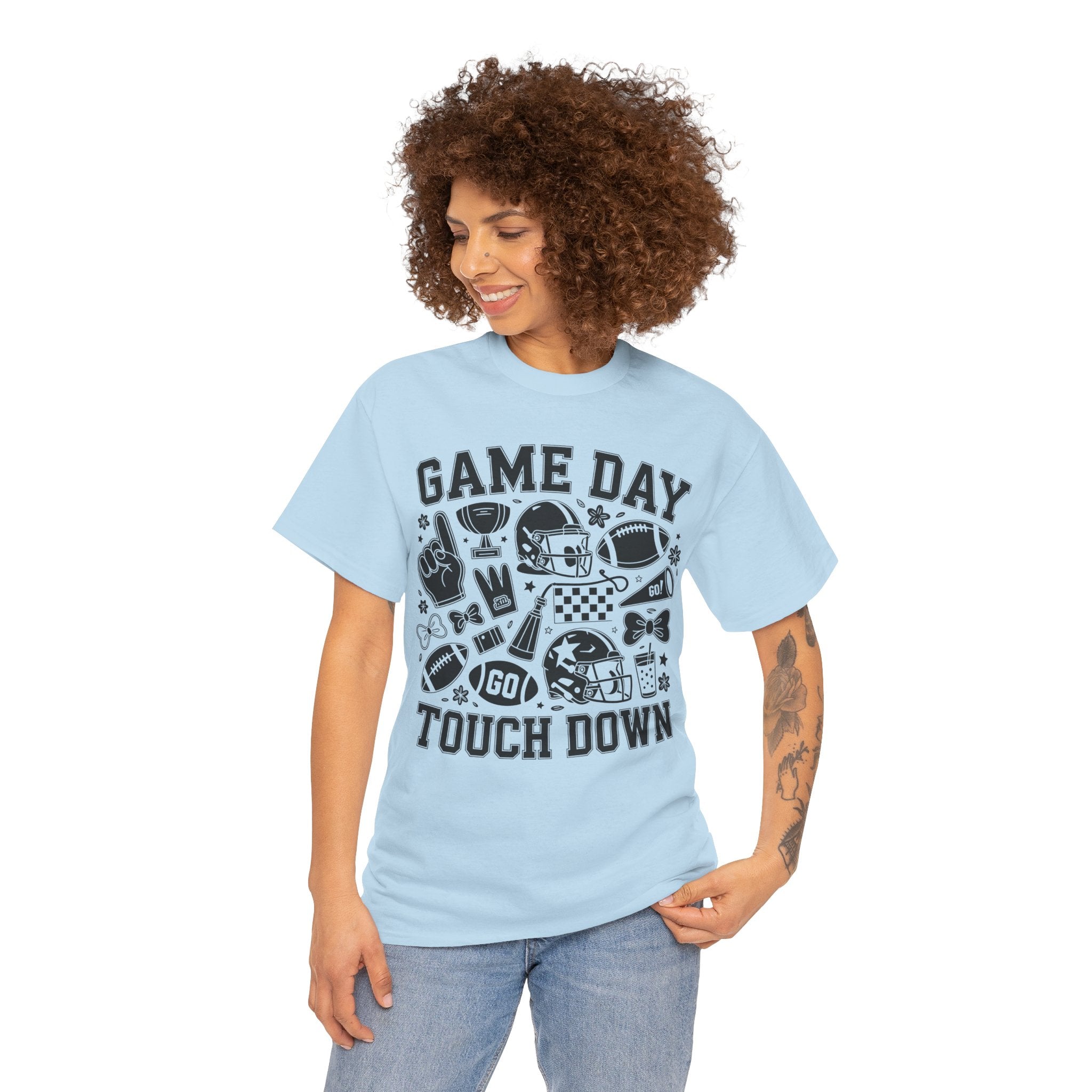 Game Day Touch Down Football T‑Shirt — Helmet & Cheer Monochrome Design Unisex Cotton Tee
