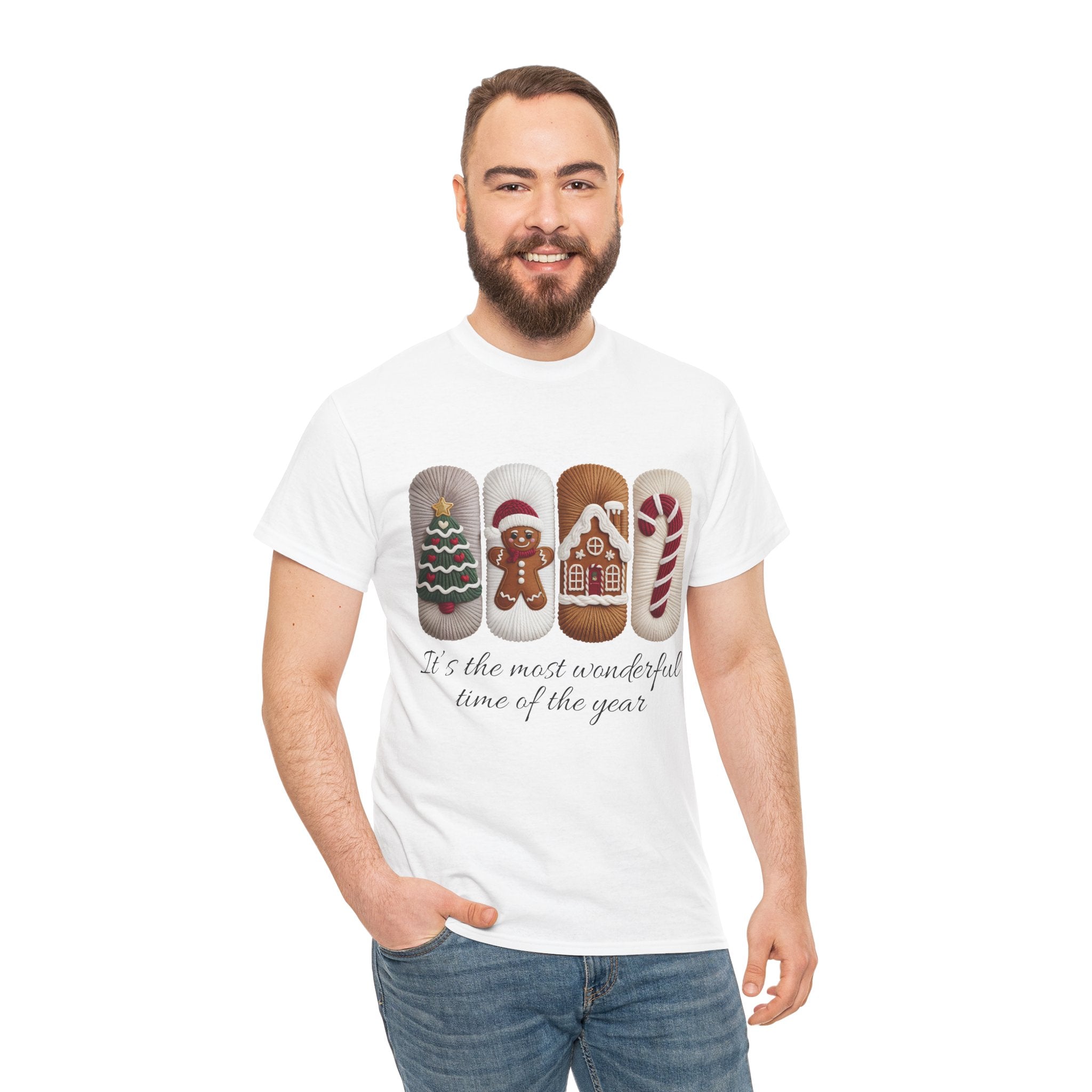 Christmas Faux-Yarn Tree Tee — Gingerbread House & Candy Cane Holiday Unisex Cotton T-Shirt