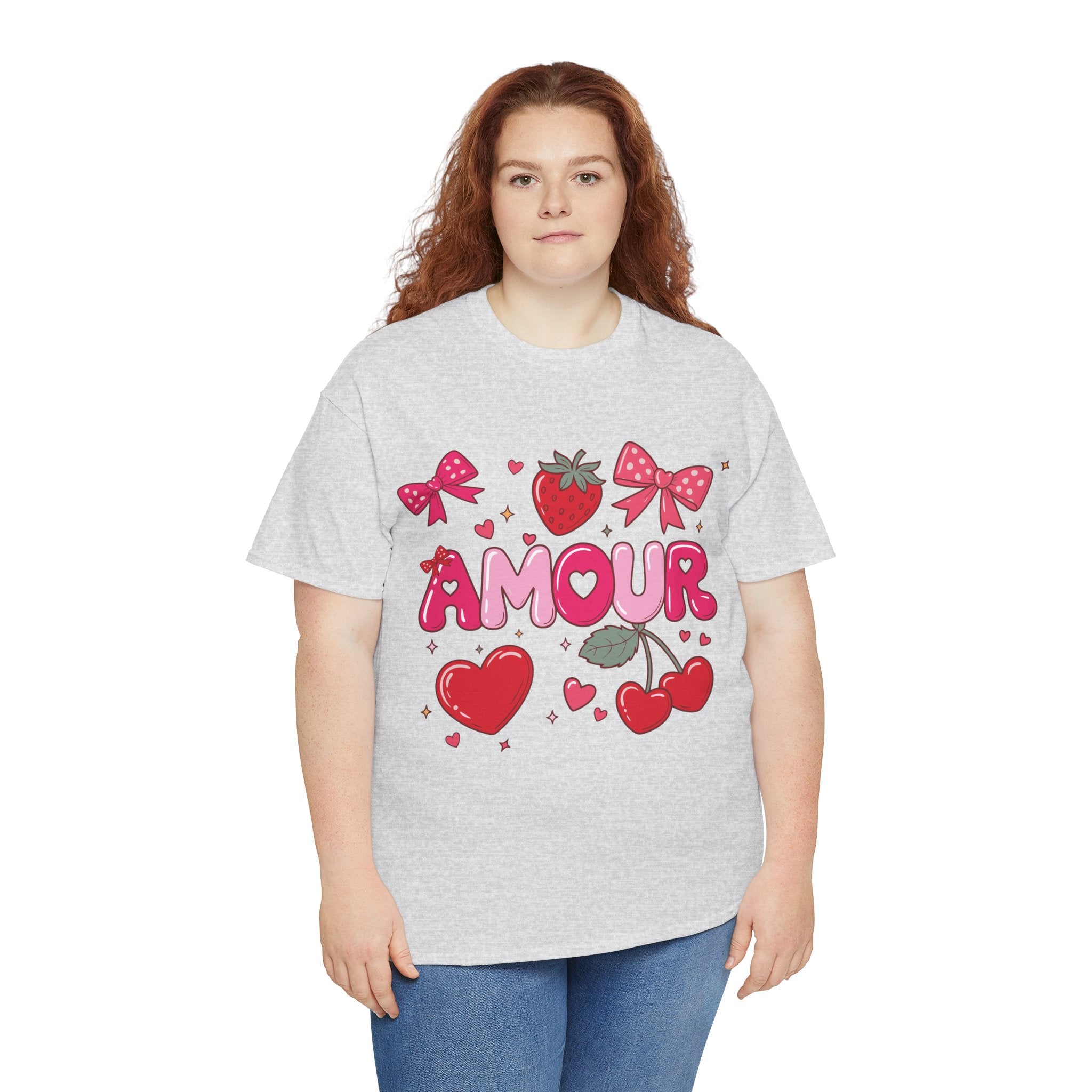 Amour Pink Hearts Tee — Shiny Lettering with Bows, Cherries & Strawberry Accent...Unisex Cotton Tee