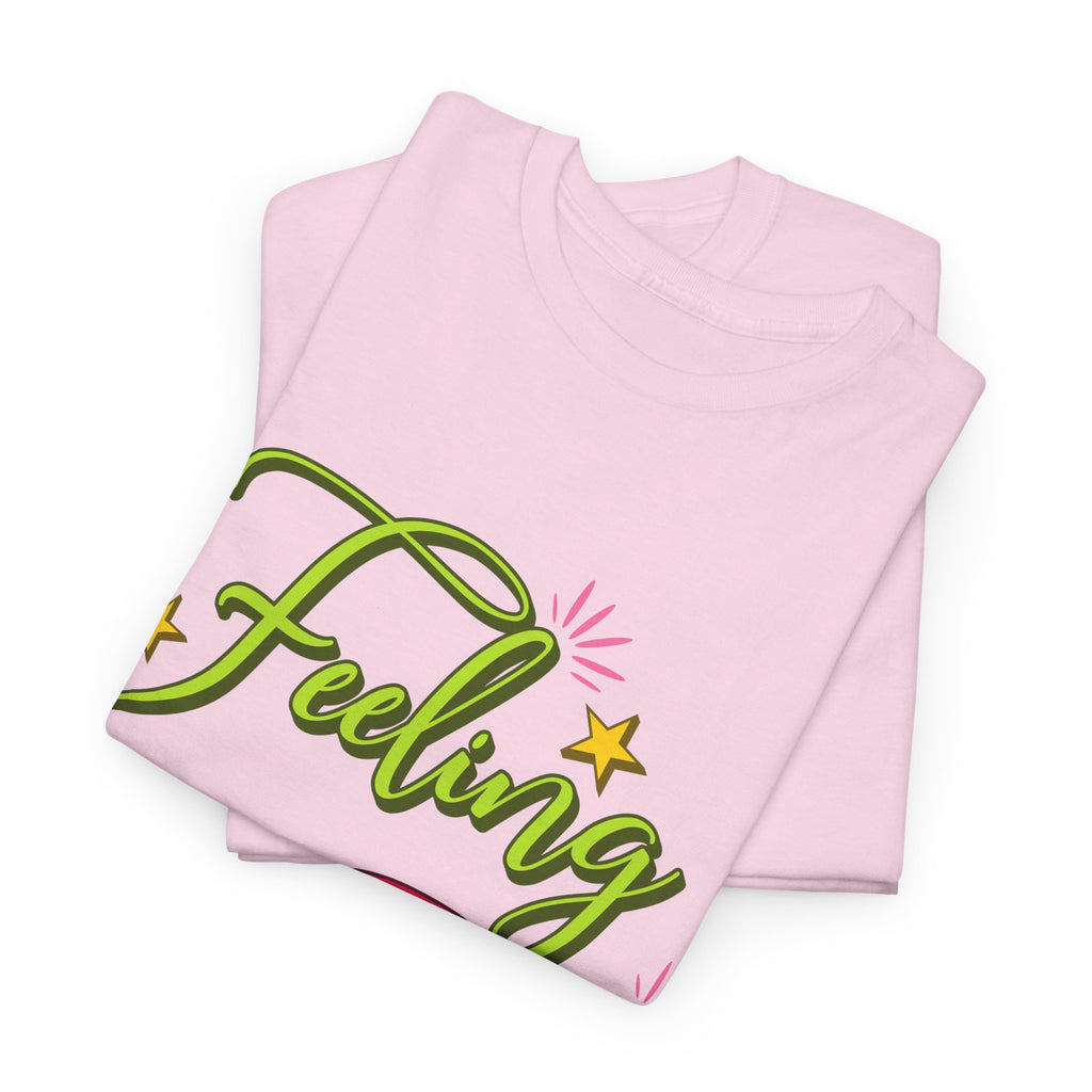 Feeling Jolly Tee — Festive Green & Pink Script with Yellow Stars Unisex Cotton Tee