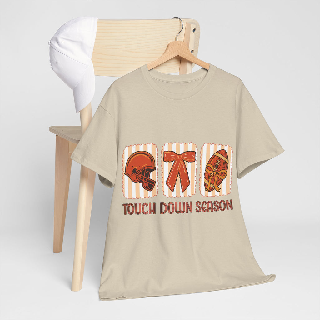 Touch Down Season Football Tee — Striped Fall Helmet & Bow Design Unisex Cotton Tee