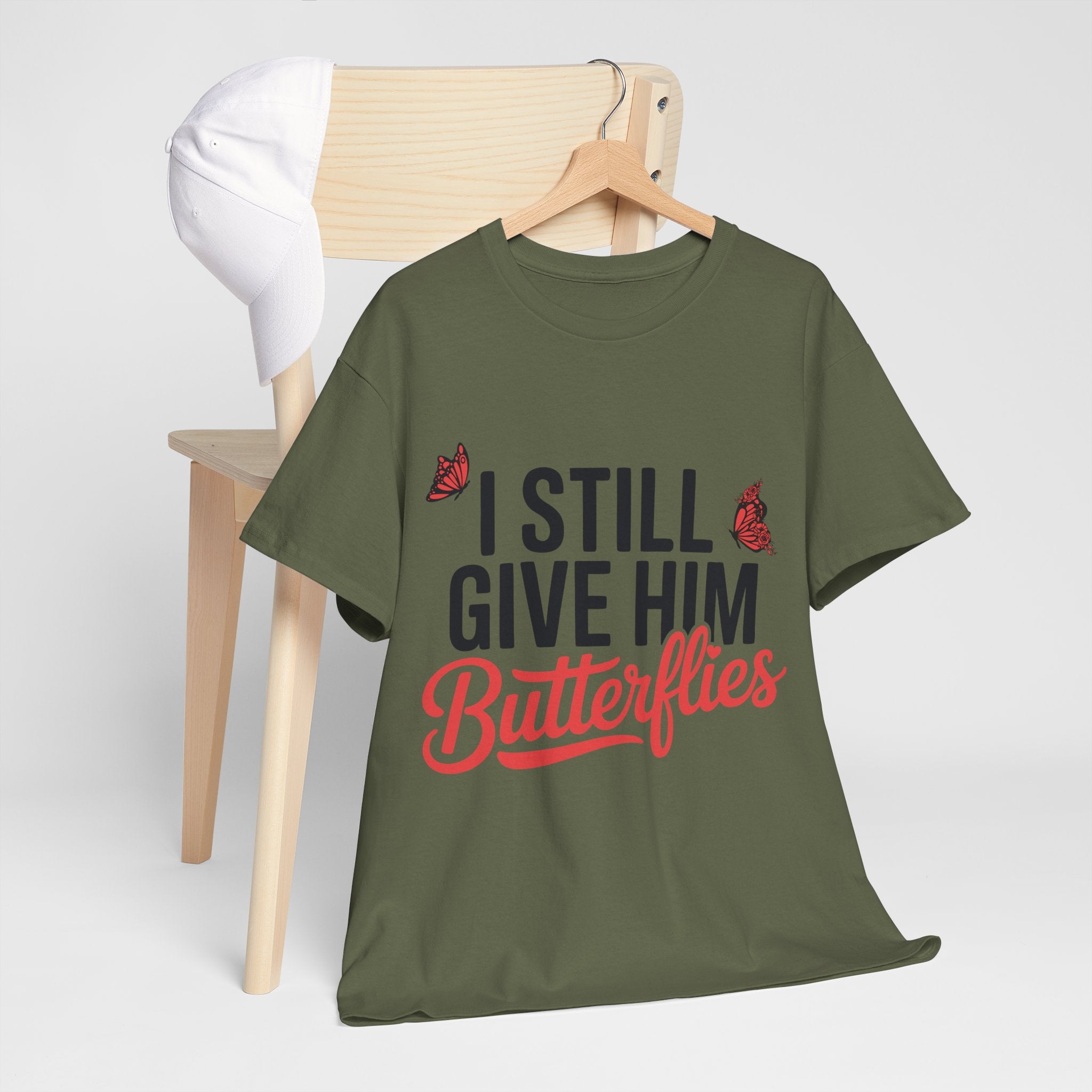 I Still Give Him Butterflies T-Shirt — Romantic Floral Butterfly Unisex Cotton Tee