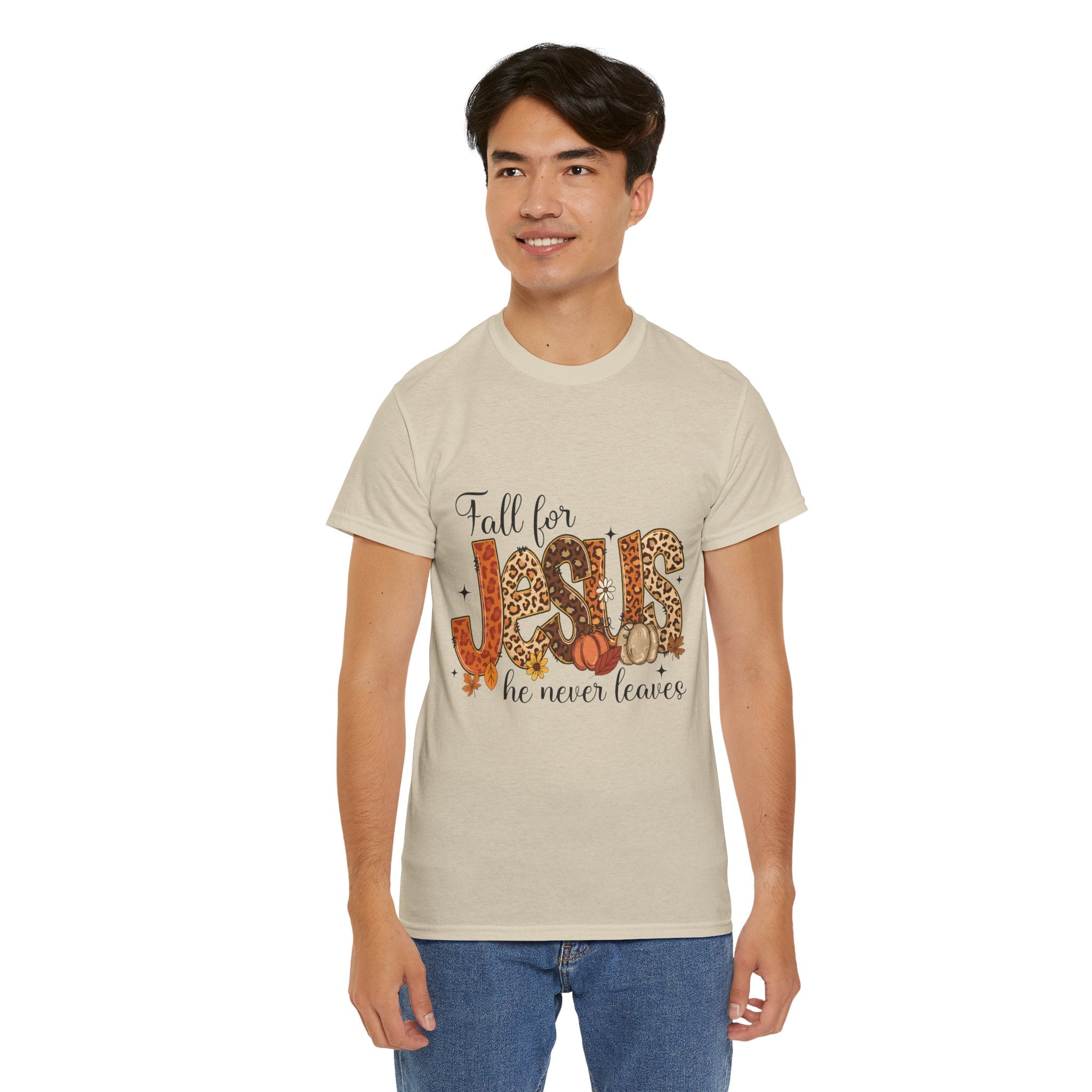 JESUS Leopard Print Fall T-Shirt — Pumpkins, Leaves & Floral Christian Unisex Cotton Tee