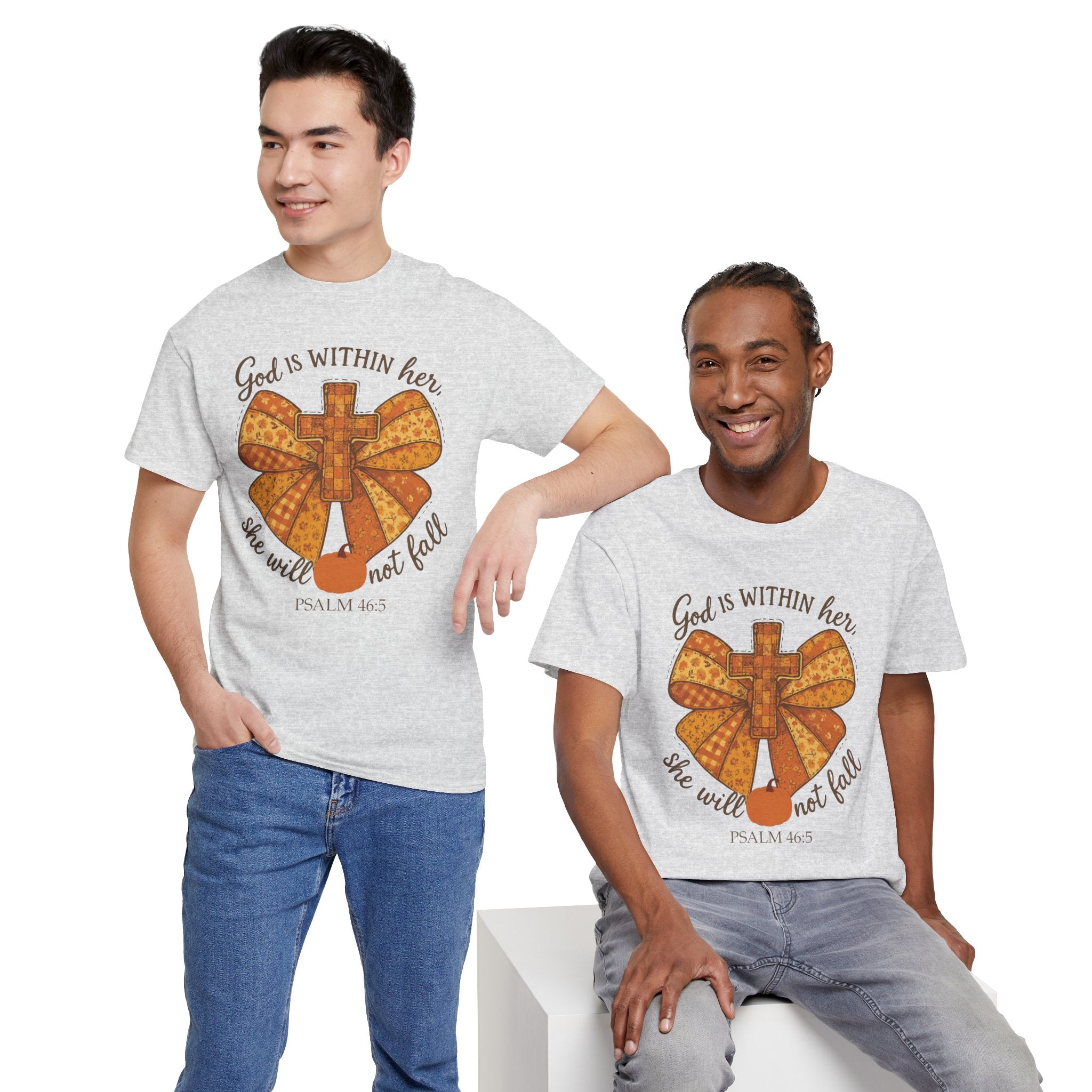 Psalm 46:5 Cross Patchwork Tee — Fall Bow Christian Unisex Cotton T-Shirt