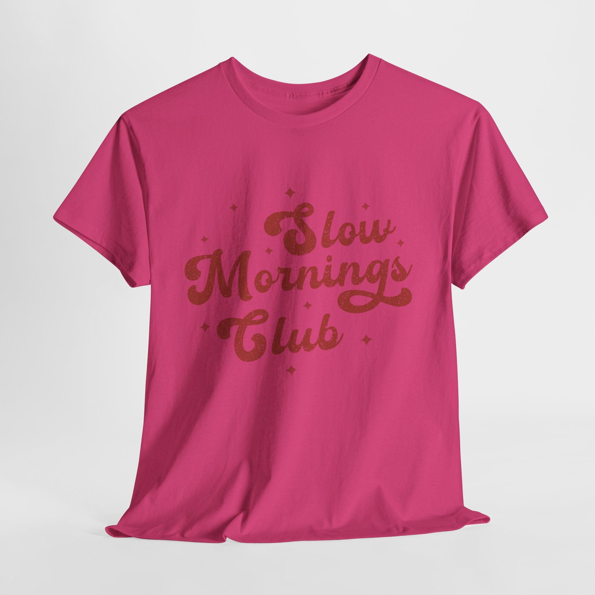 Slow Mornings Club T-Shirt — Retro Red Sparkle Unisex Cotton Tee