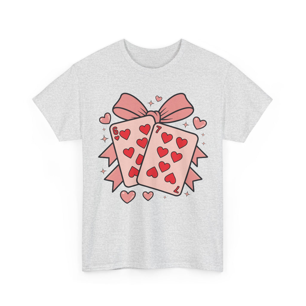 6 & 7 of Hearts T-Shirt — Paired Playing Cards with Pink Bow Unisex Cotton Tee