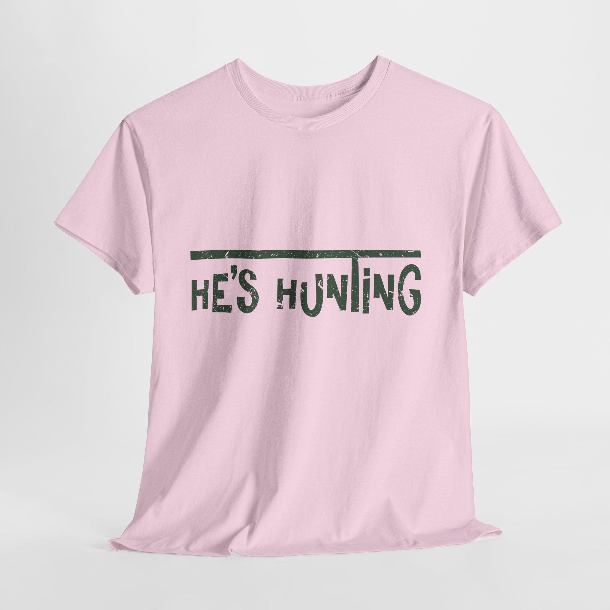 He’s Hunting Distressed Tee — Minimalist Tan Hunting Unisex Cotton Tshirt