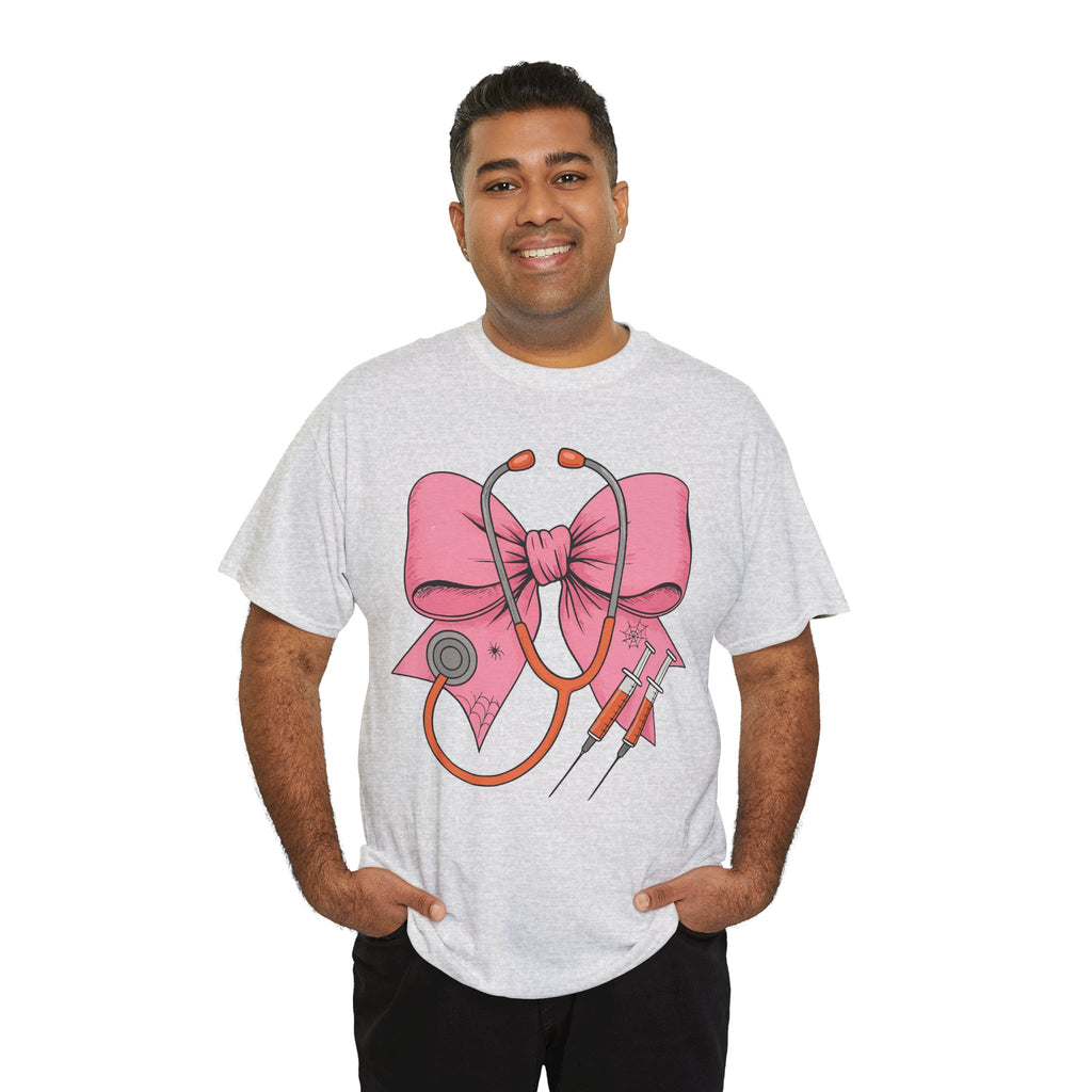 Halloween Nurse T‑Shirt — Pink Nurse Bow with Stethoscope, Syringes & Spider Webs..Unisex Cotton Tee