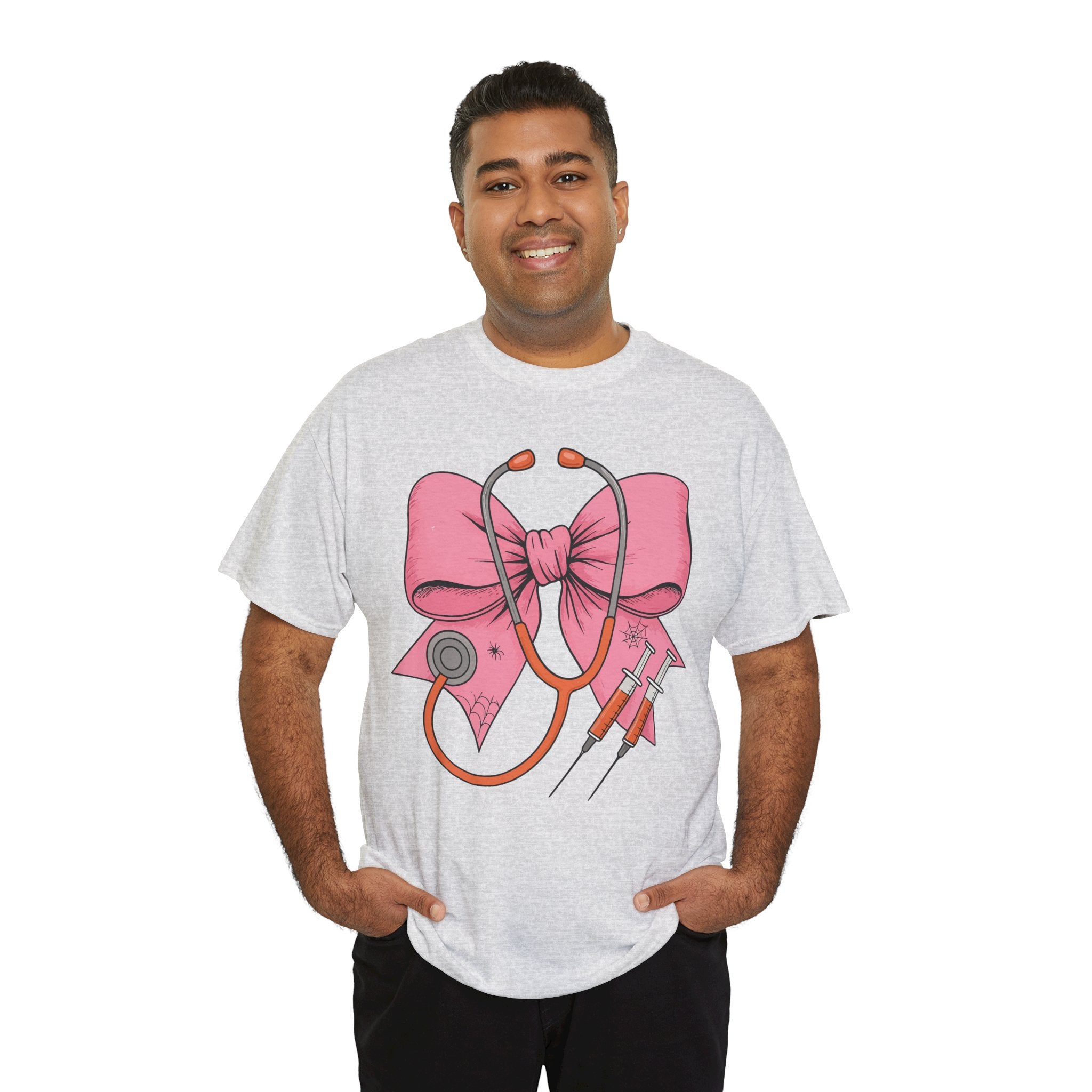 Halloween Nurse T‑Shirt — Pink Nurse Bow with Stethoscope, Syringes & Spider Webs..Unisex Cotton Tee