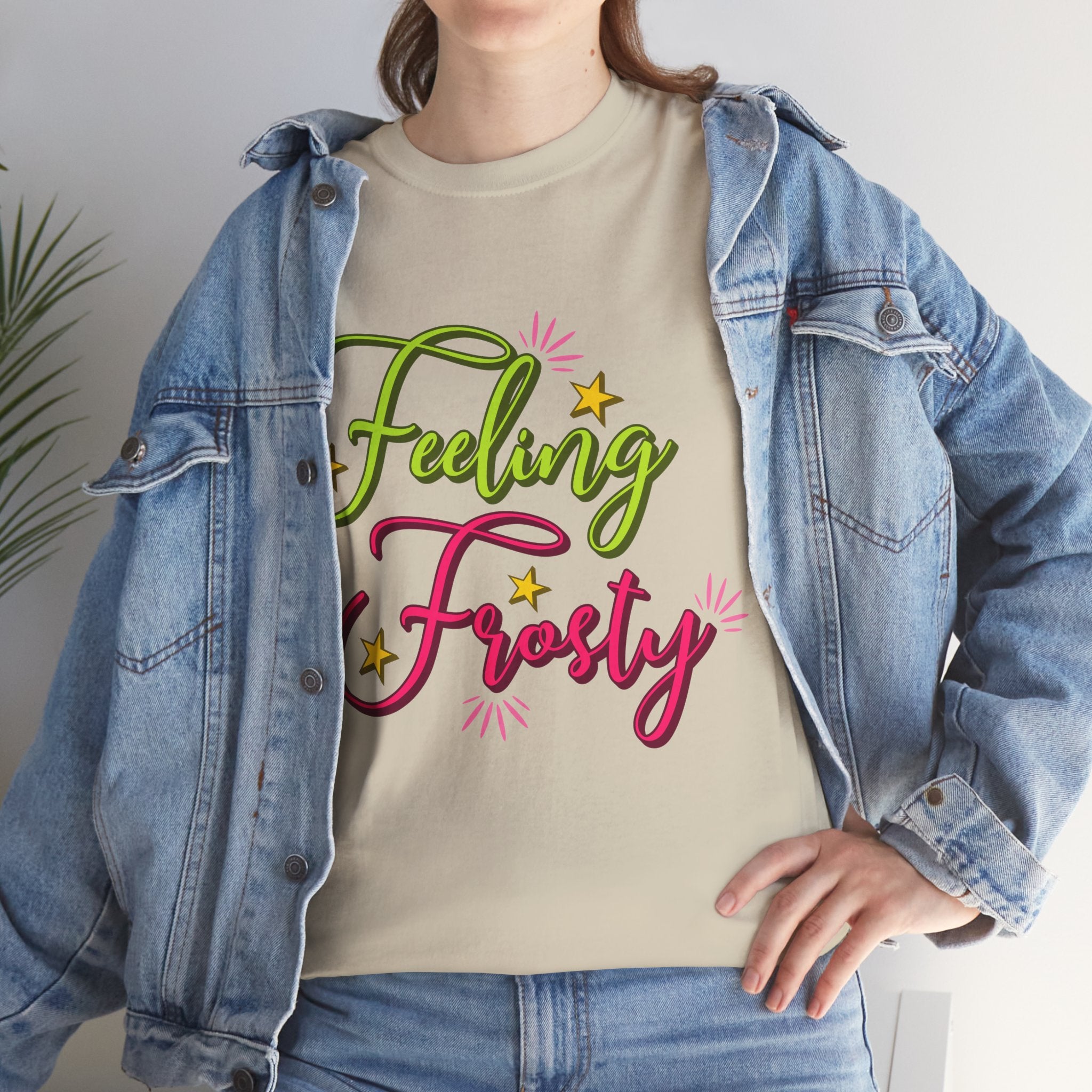 Feeling Frosty Holiday T-Shirt — Green & Pink Script Stars.Unisex Cotton Tee