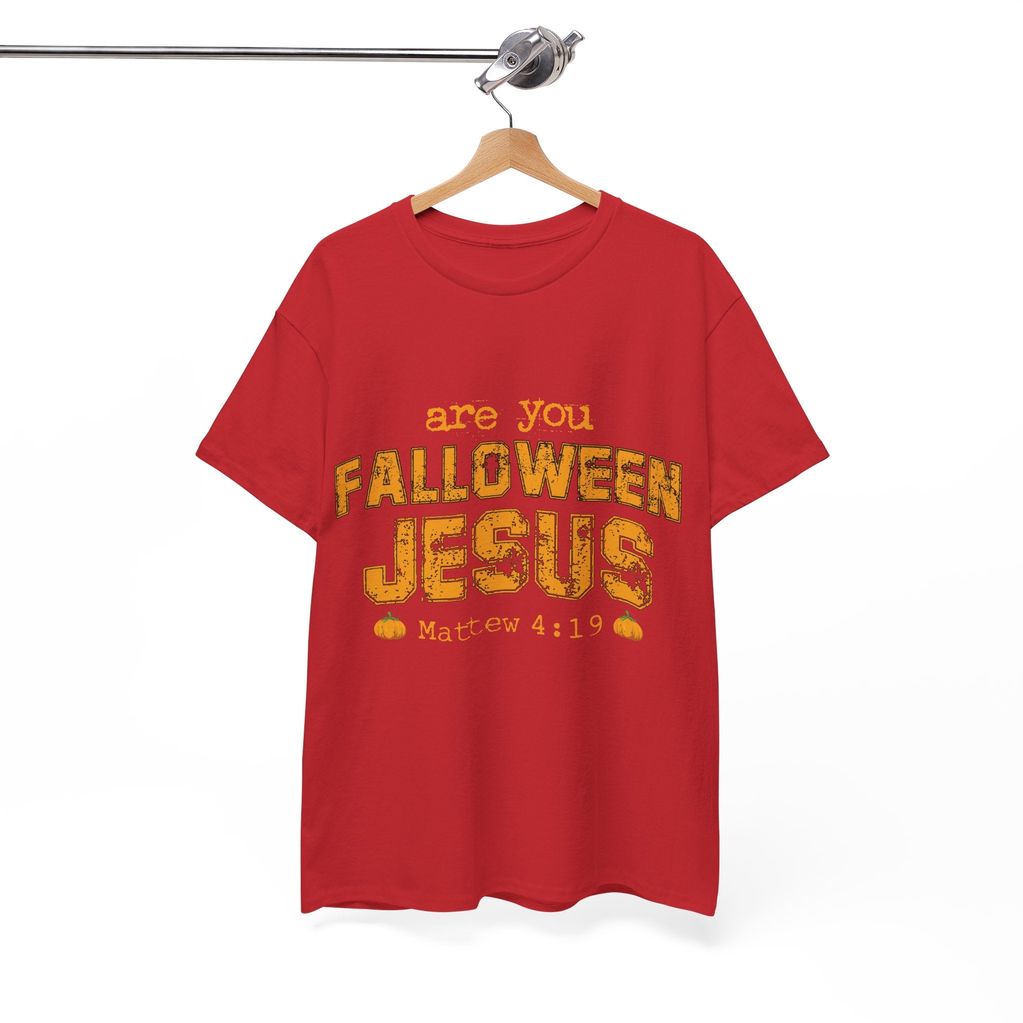 Christian Halloween T-Shirt — “Are You Falloween Jesus? Matthew 4:19” Distressed Pumpkin Design. Unisex Cotton Tee