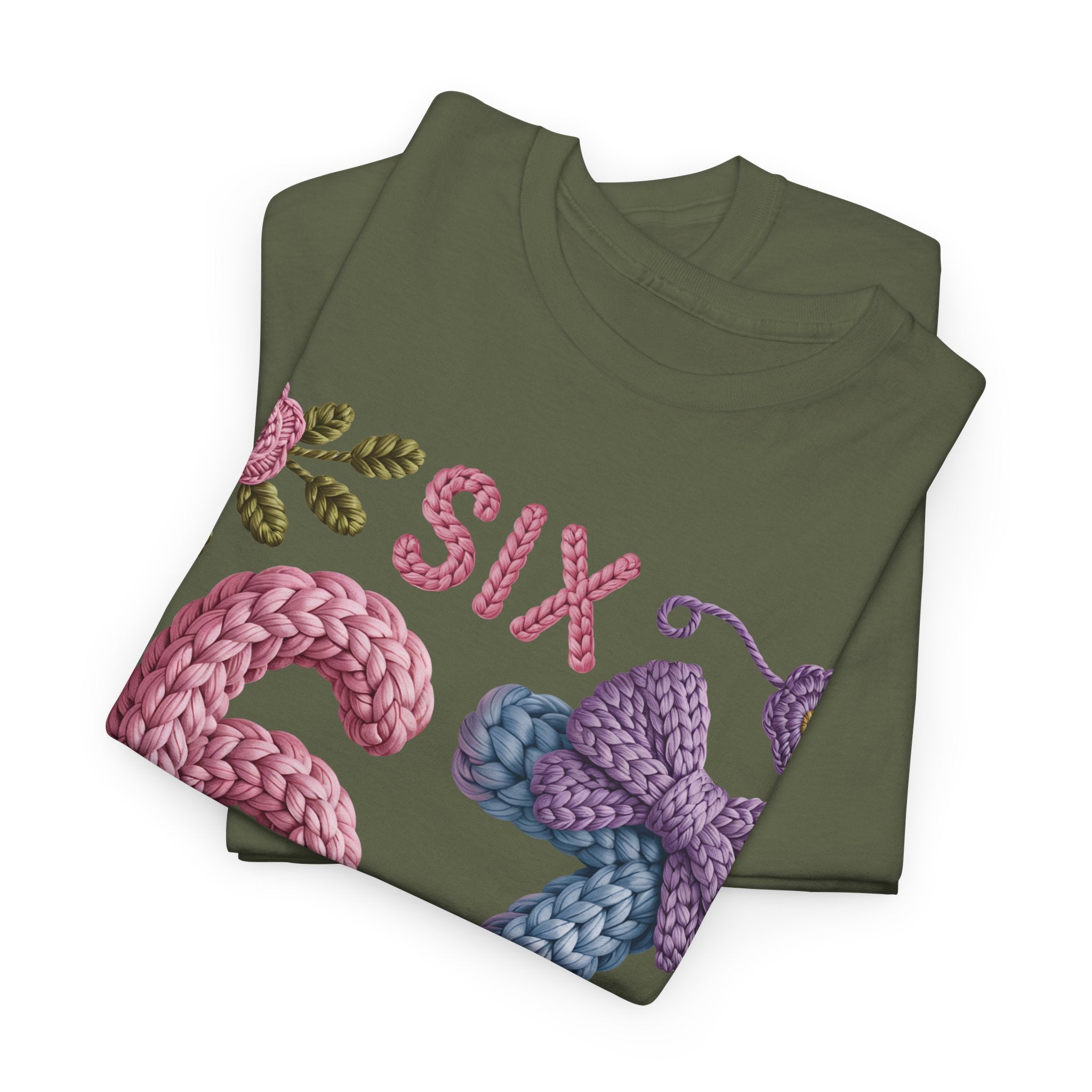 Pastel Crochet Numbers 6 & 7 Tee — Faux-Yarn Bows & Flowers. Unisex Cotton Tee