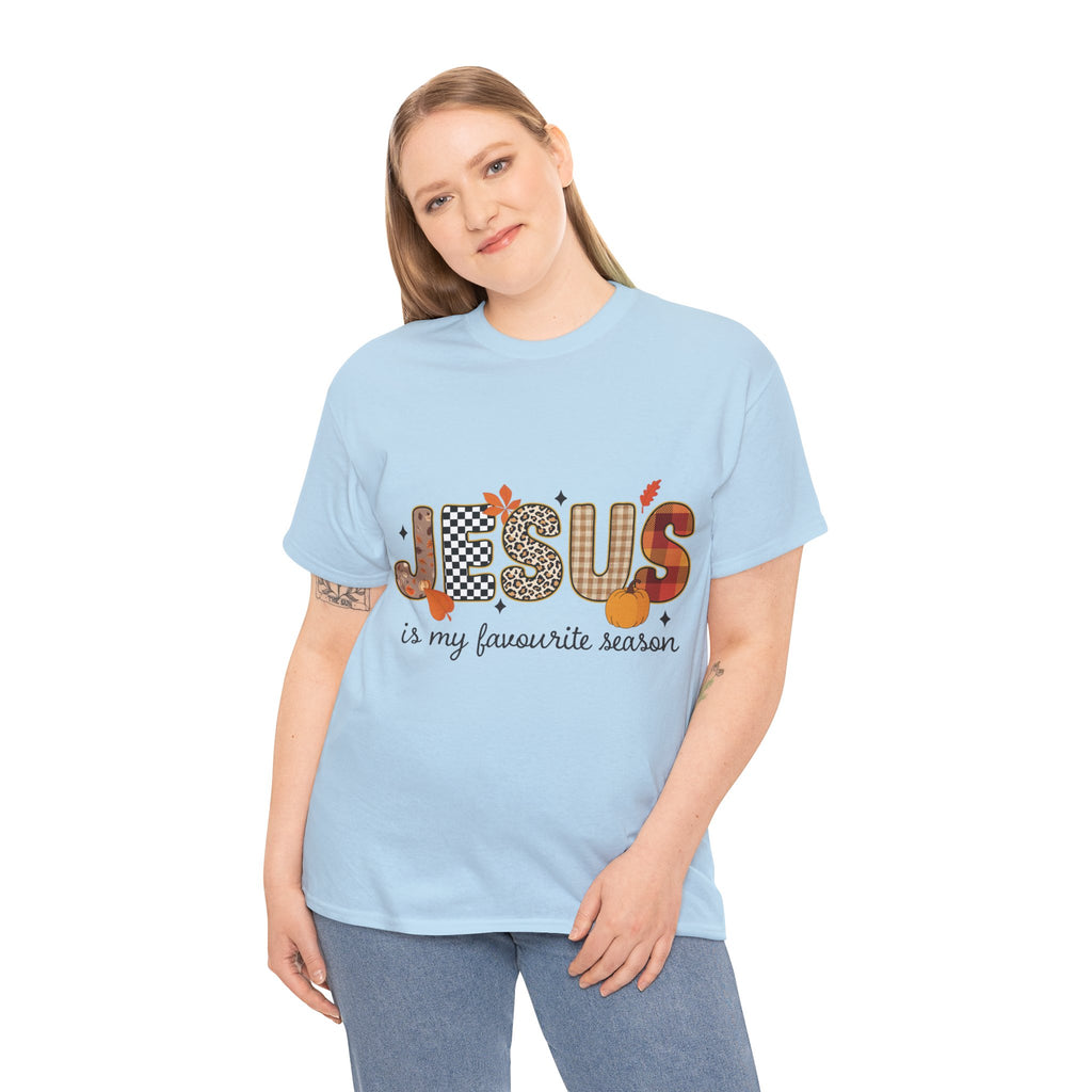 Jesus Is My Favorite Season Tee — Autumn Plaid & Leopard Lettering Unisex Cotton Tee
