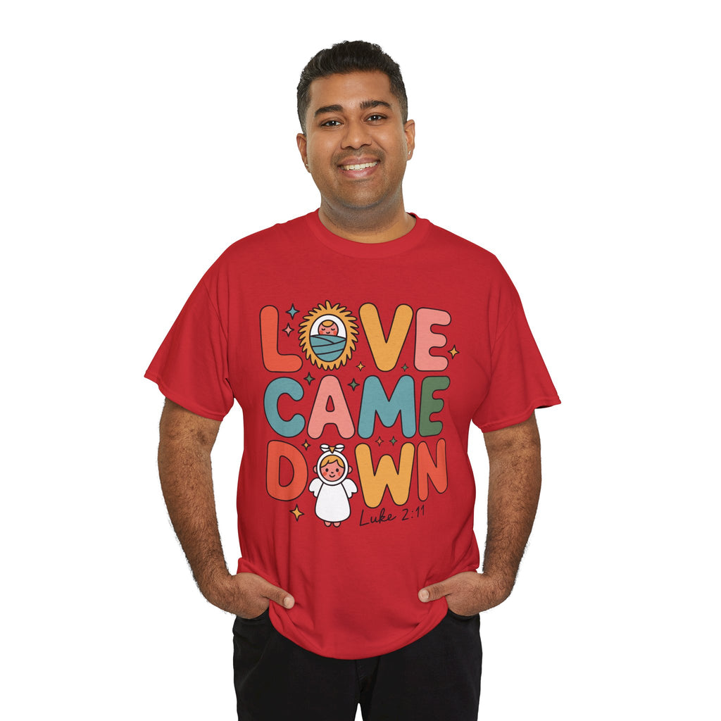 Love Came Down Christmas Tee — Baby Jesus Manger Angel (Luke 2:11)..Unisex Cotton Tee